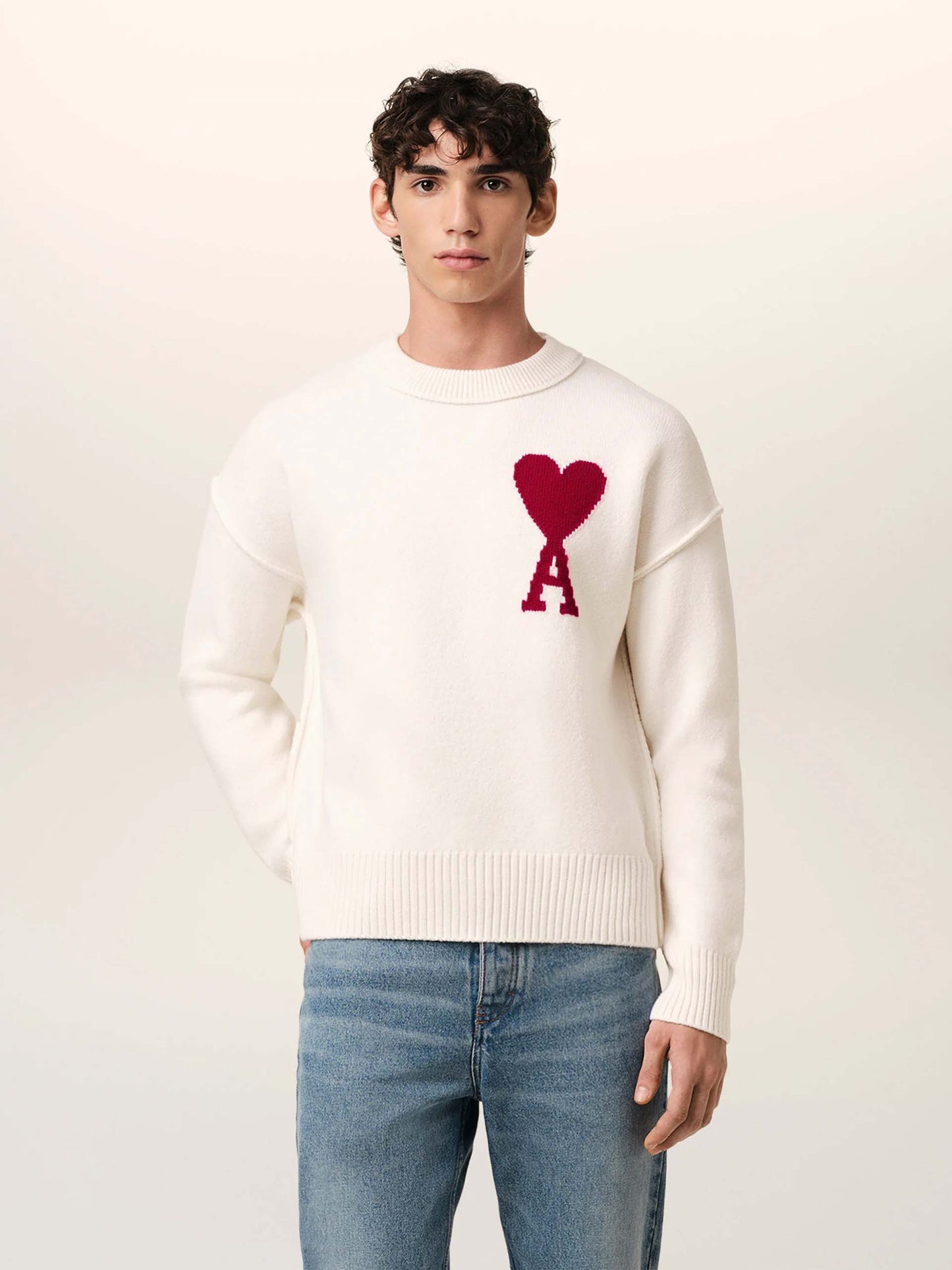 AMI PARIS - Pullover Ami De Coeur mit rotem Logo in Cremeweiß - Cream white