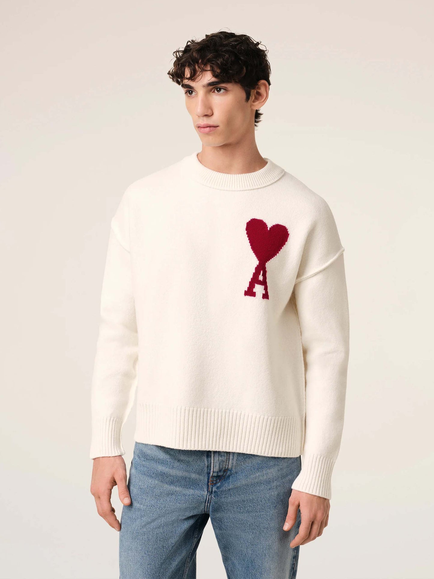 AMI PARIS - Pullover Ami De Coeur mit rotem Logo in Cremeweiß - Cream white