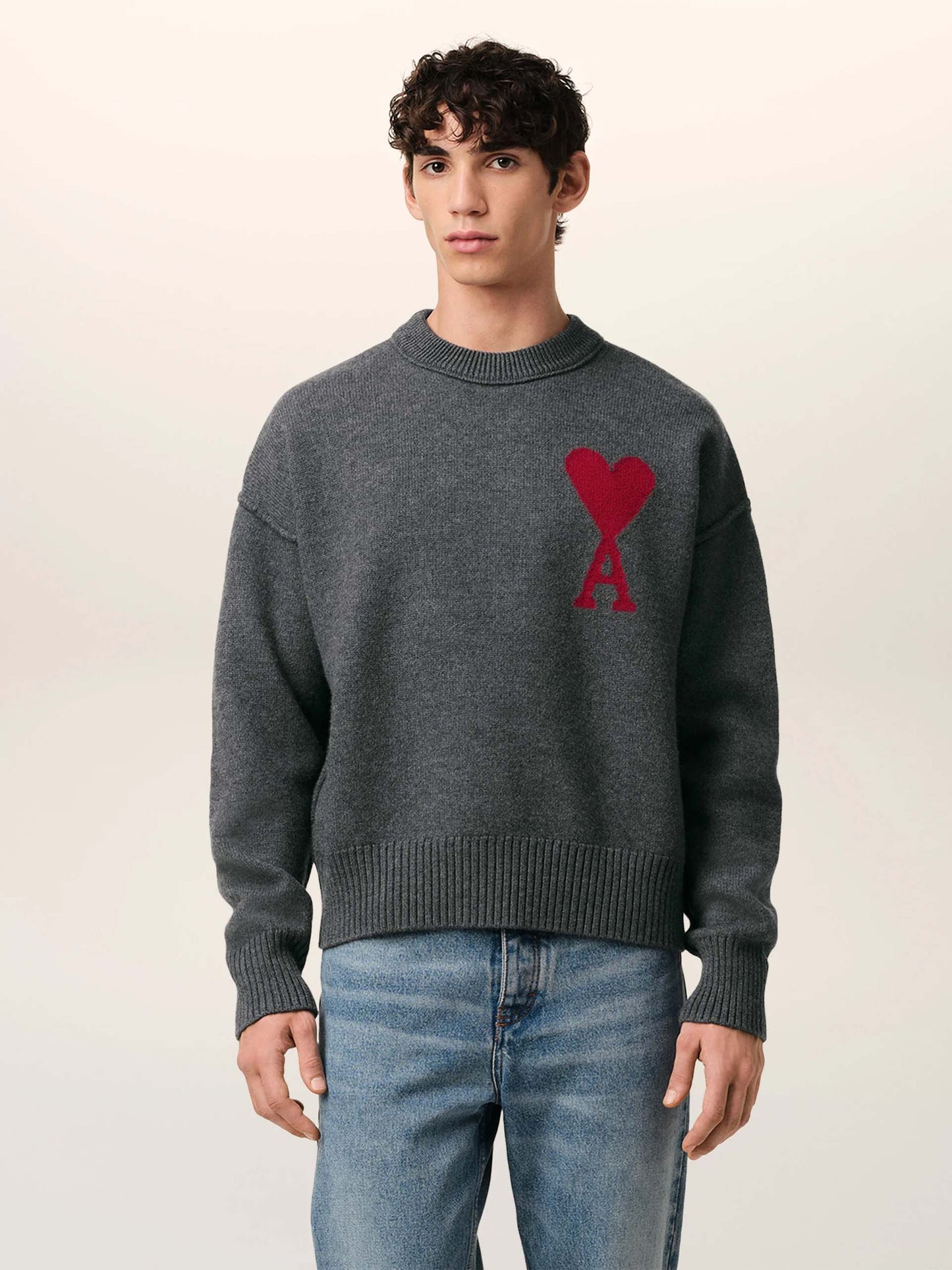 AMI PARIS - Pullover Ami De Coeur mit rotem Logo in Grau - Grey