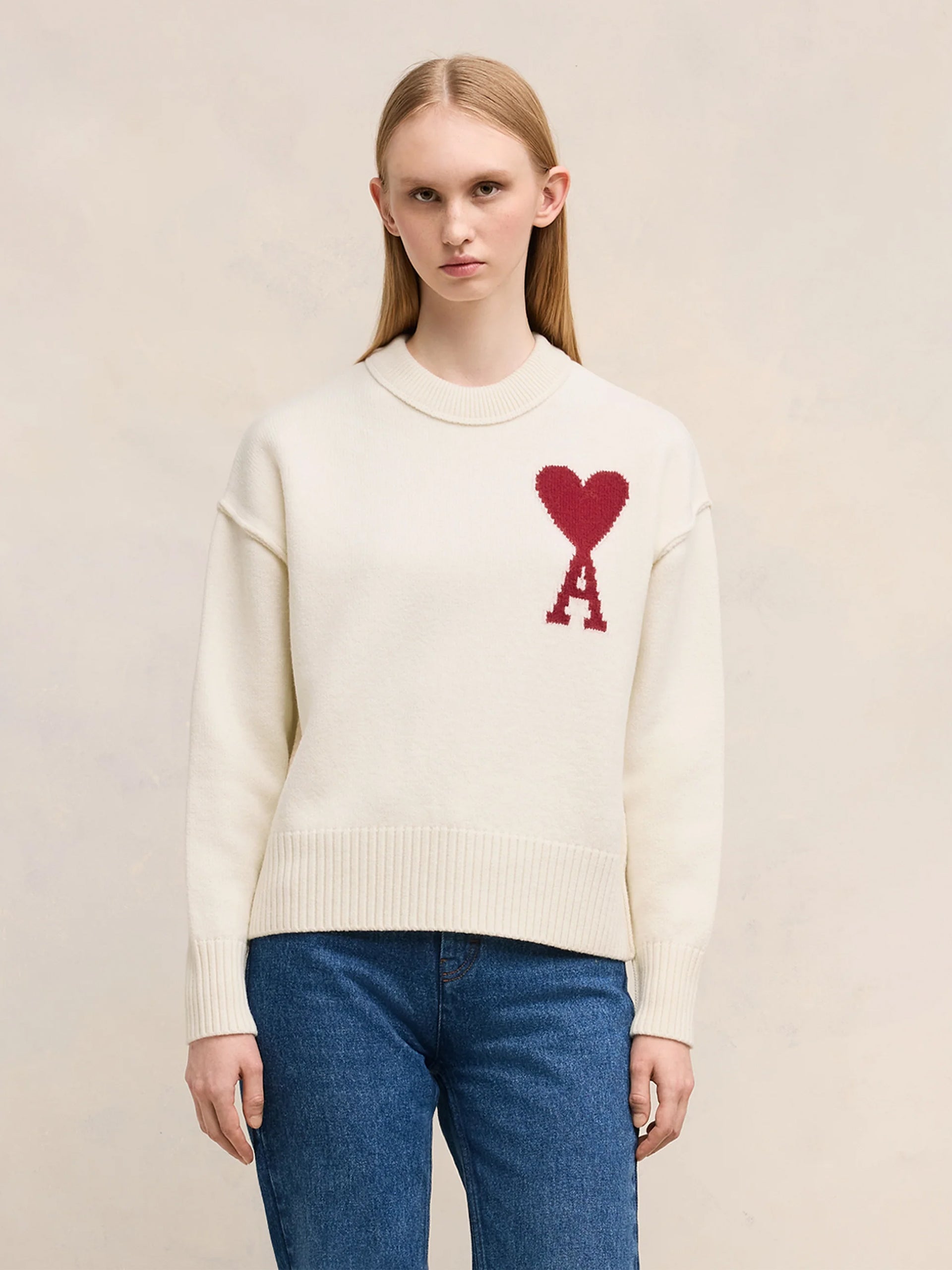 AMI PARIS - Strickpullover Ami De Coeur mit rotem Logo Off White