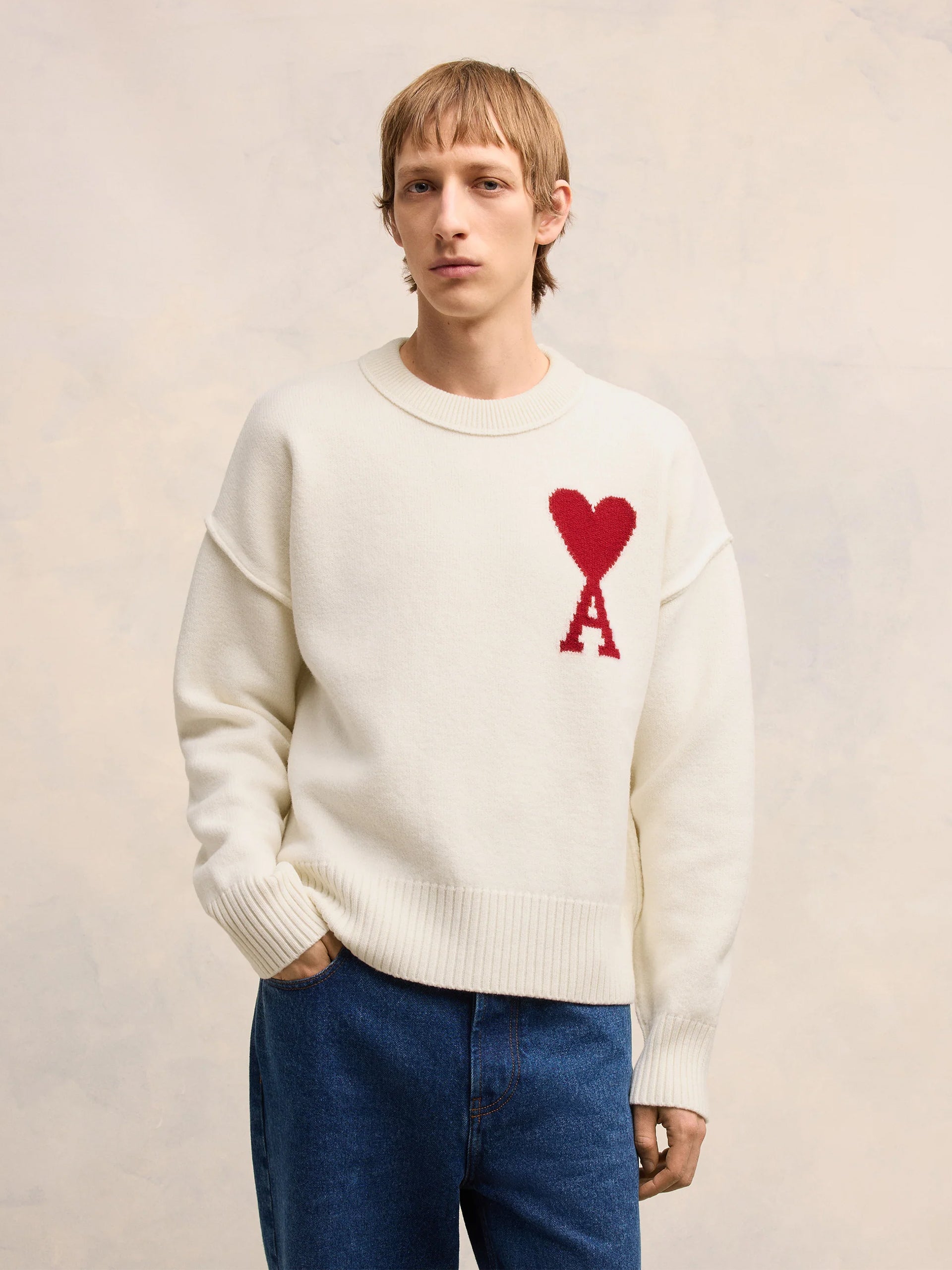 AMI PARIS - Strickpullover Ami De Coeur mit rotem Logo Off White