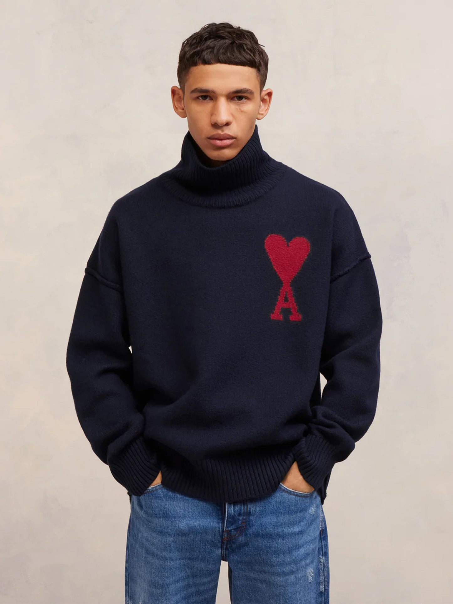 AMI PARIS - Pullover Ami De Coeur mit Stehkragen Navy Blau – Navy blue