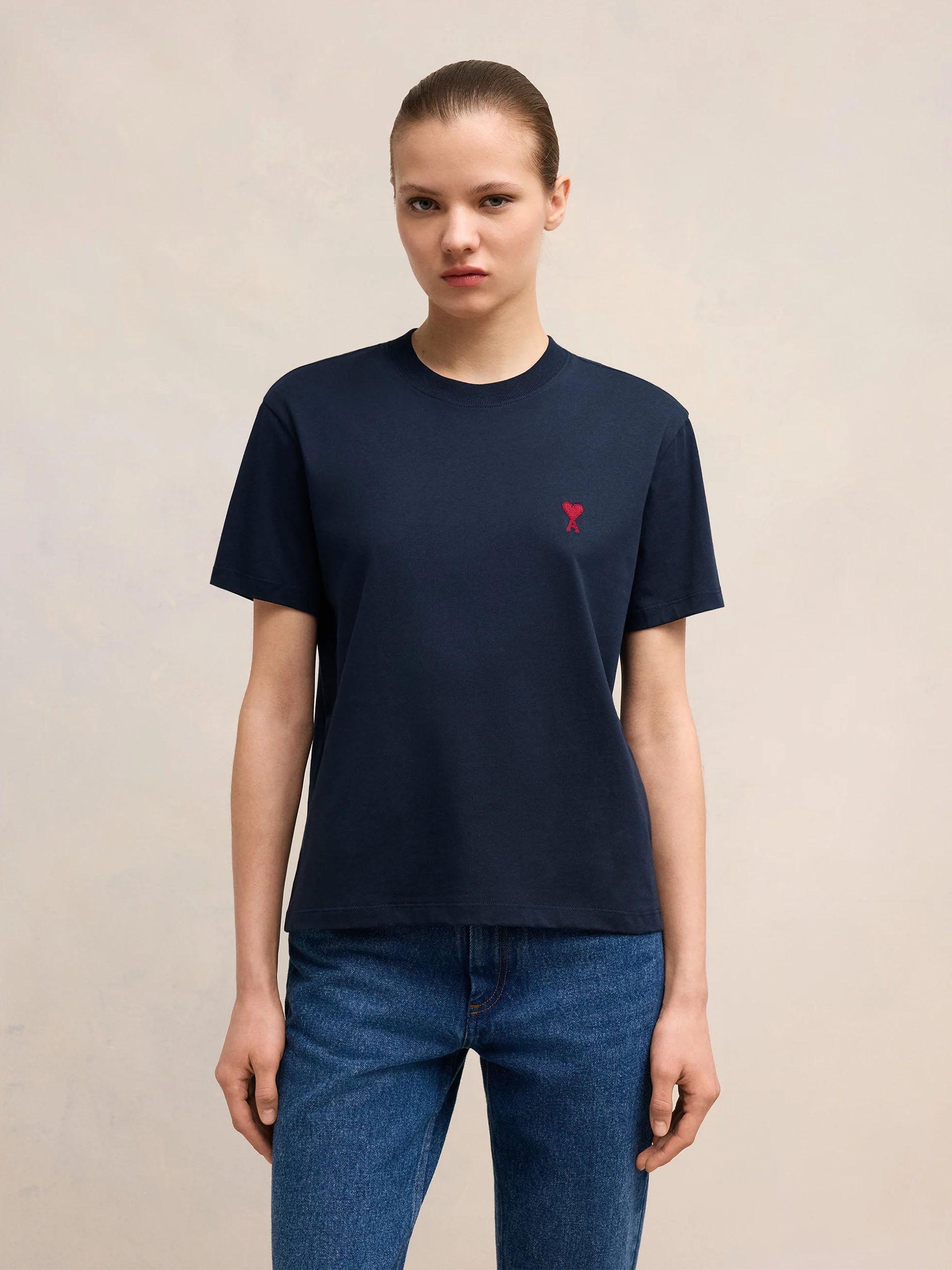 AMI PARIS - T-Shirt mit rotem Ami De Coeur Logo Dunkelblau - Dark blue