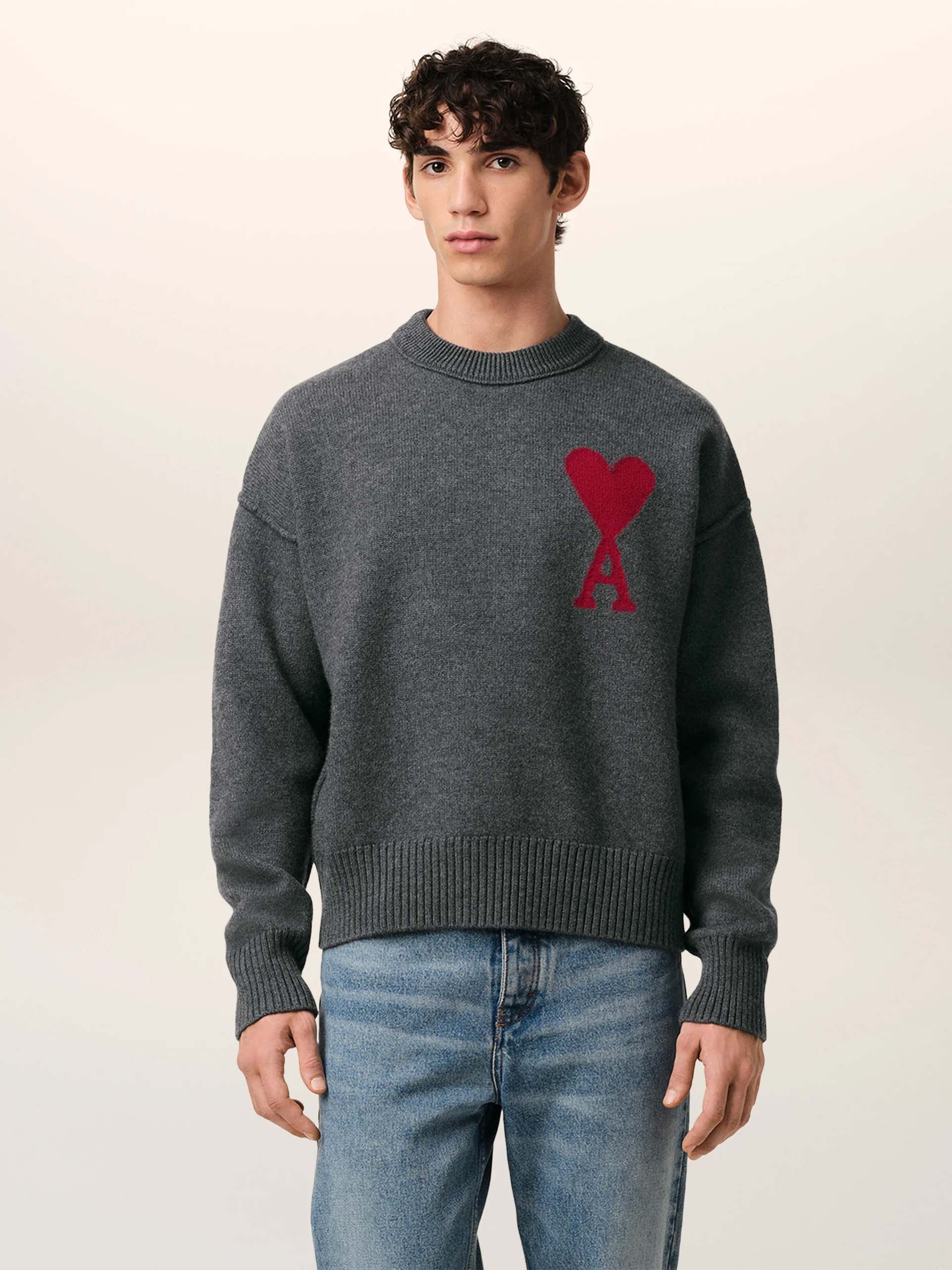 AMI PARIS - Pullover Ami De Coeur mit rotem Logo in Grau - Grey