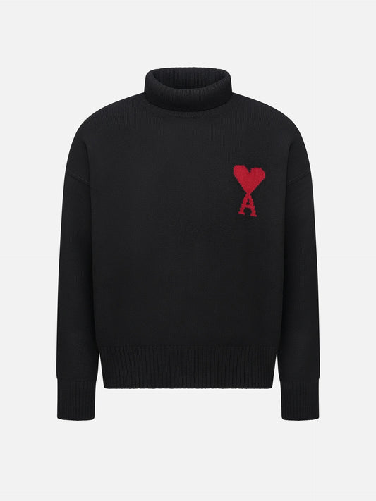 AMI PARIS - Rollkragenpullover Ami De Coeur mit Logo in Schwarz / Rot - Black / Red