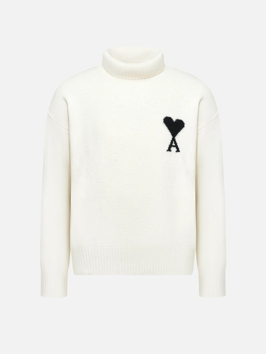 AMI PARIS - Rollkragenpullover Ami De Coeur mit Logo in Weiß / Schwarz - White / Black