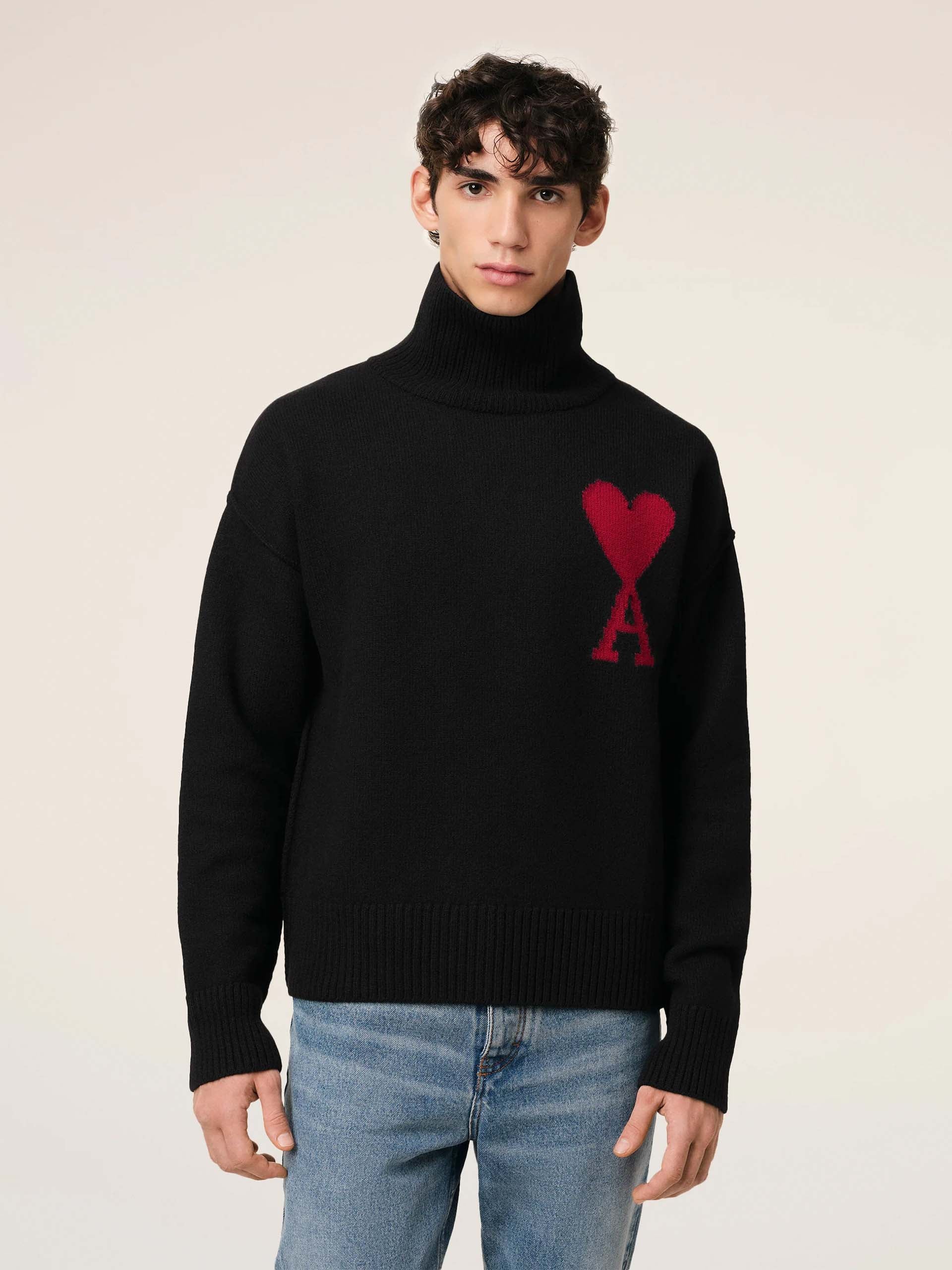 AMI PARIS - Rollkragenpullover Ami De Coeur mit Logo in Schwarz / Rot - Black / Red