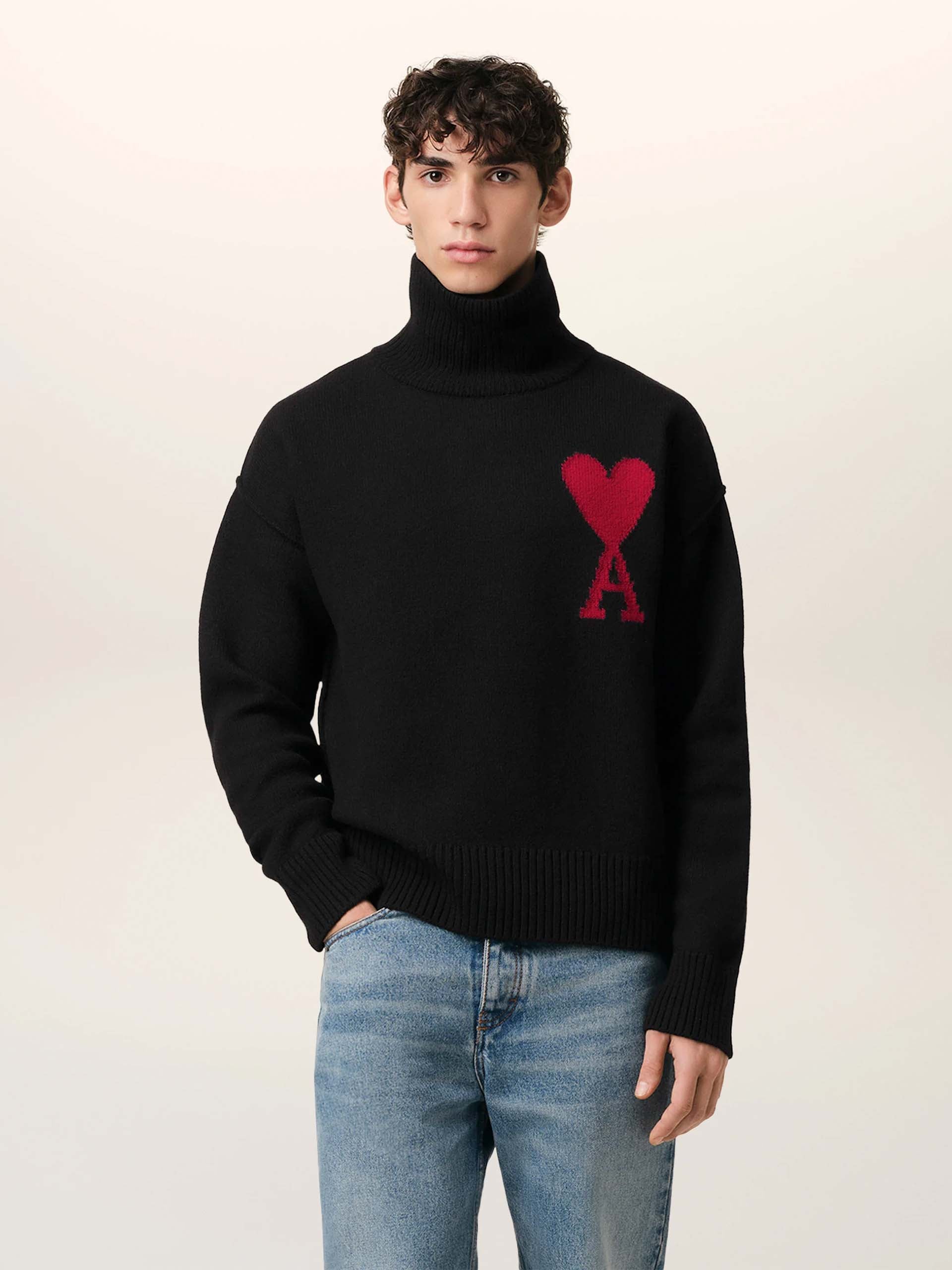 AMI PARIS - Rollkragenpullover Ami De Coeur mit Logo in Schwarz / Rot - Black / Red