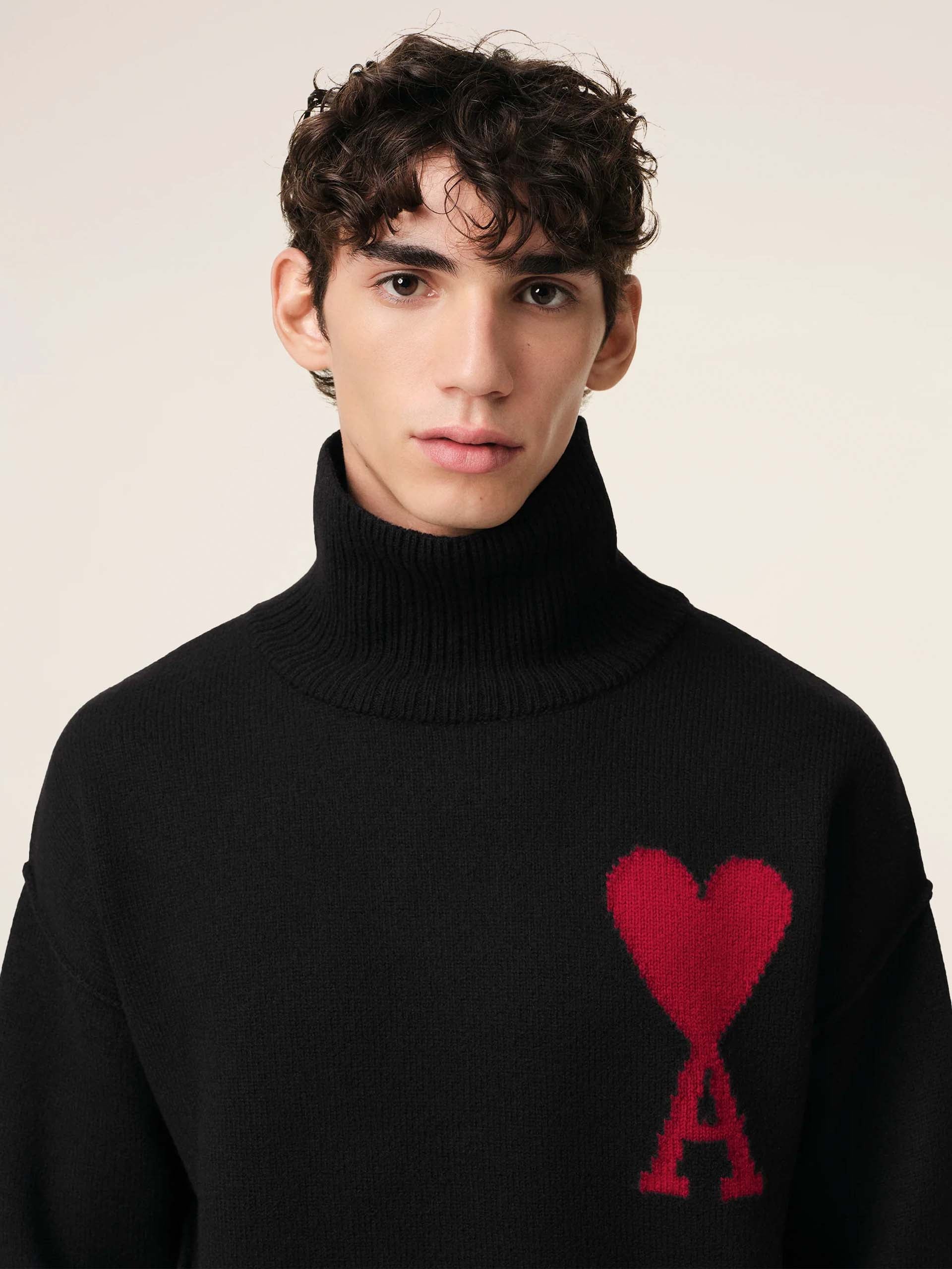 AMI PARIS - Rollkragenpullover Ami De Coeur mit Logo in Schwarz / Rot - Black / Red