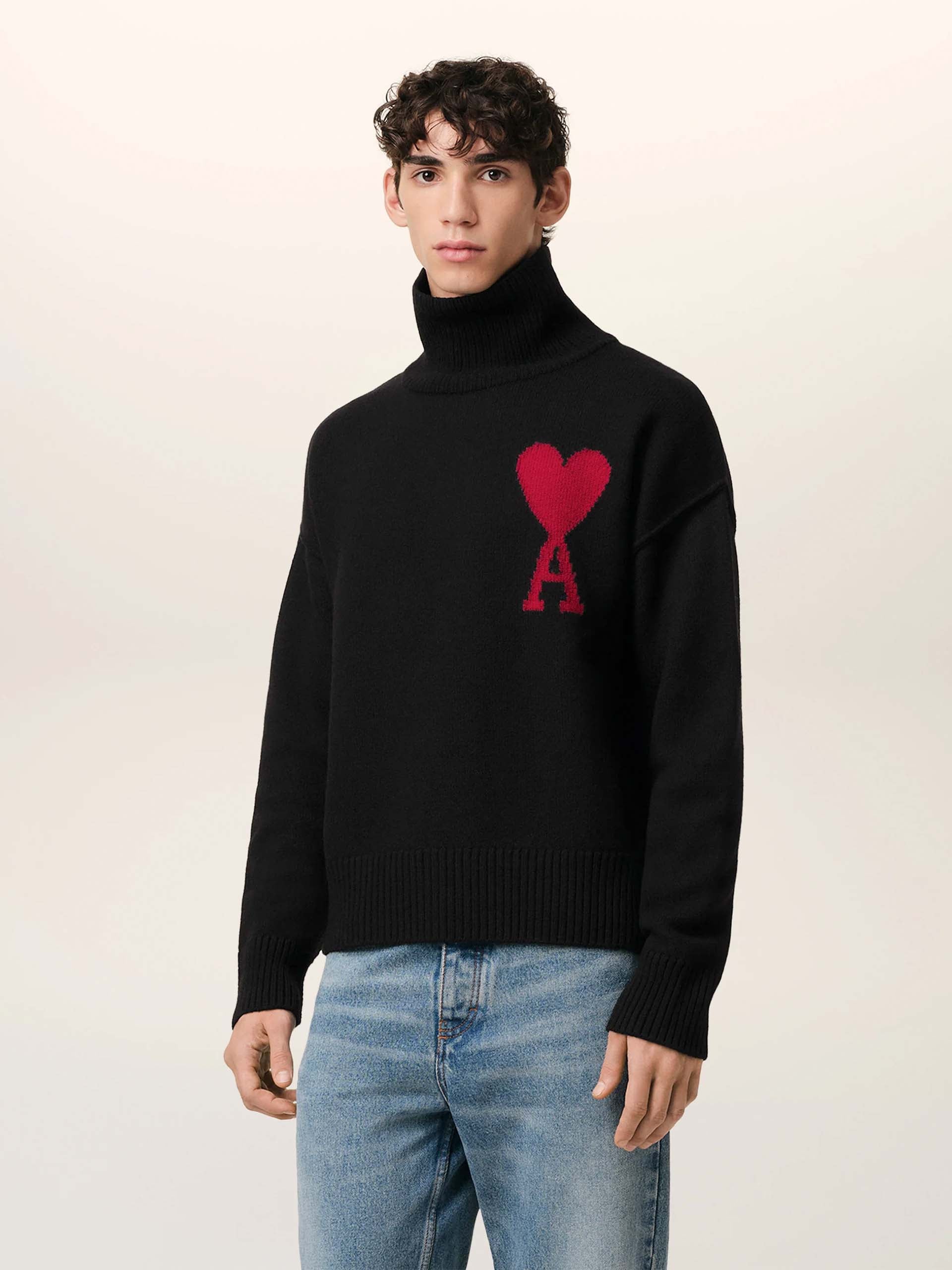 AMI PARIS - Rollkragenpullover Ami De Coeur mit Logo in Schwarz / Rot - Black / Red