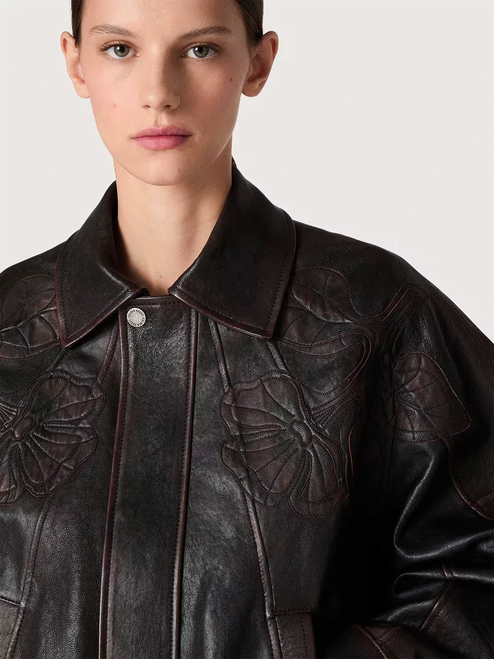ジャケット・アウター Varde77NUBUCK LEATHER EMBROIDERED size3 GOLDEN GOOSE - Leather jacket with floral embroidery for women