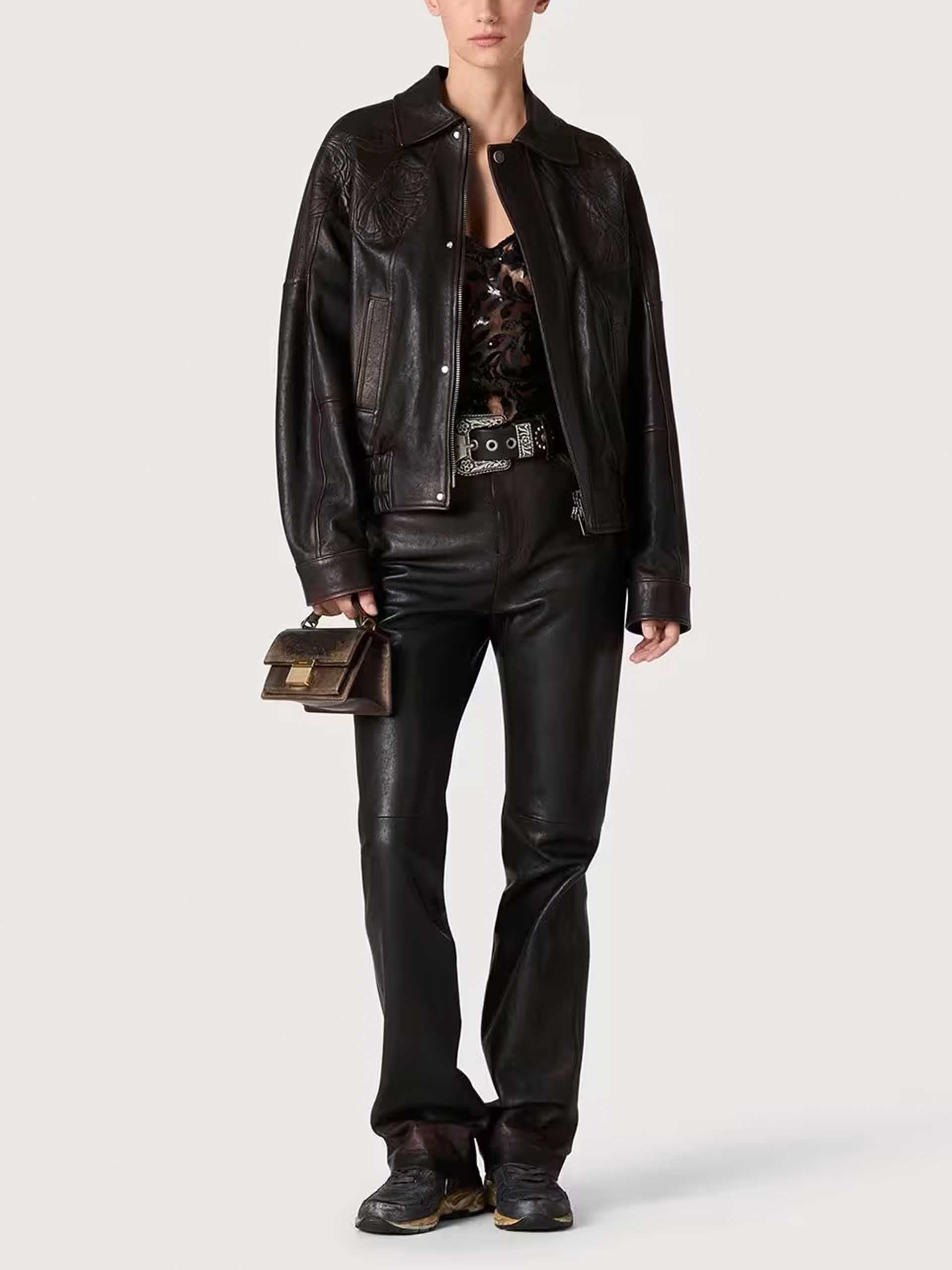 GOLDEN GOOSE - Leather jacket with floral embroidery for women