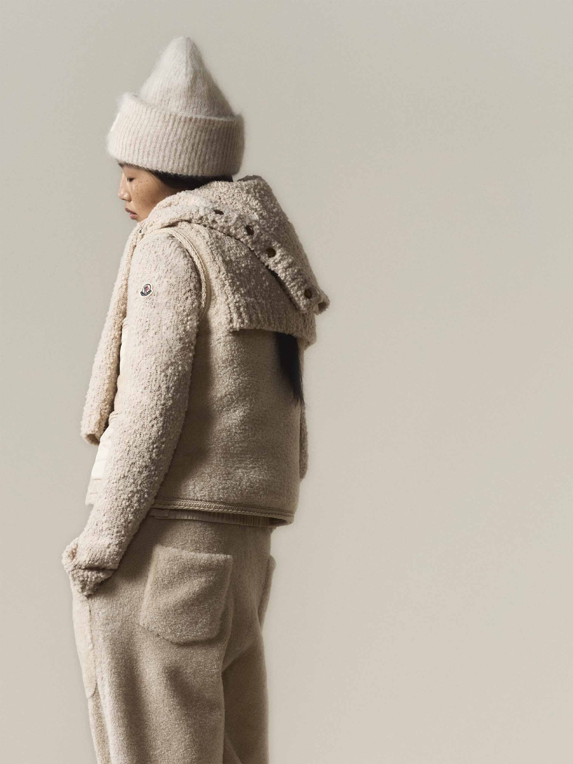 MONCLER - Cardigan aus Bouclé und Teddy für Damen in Creme Beige