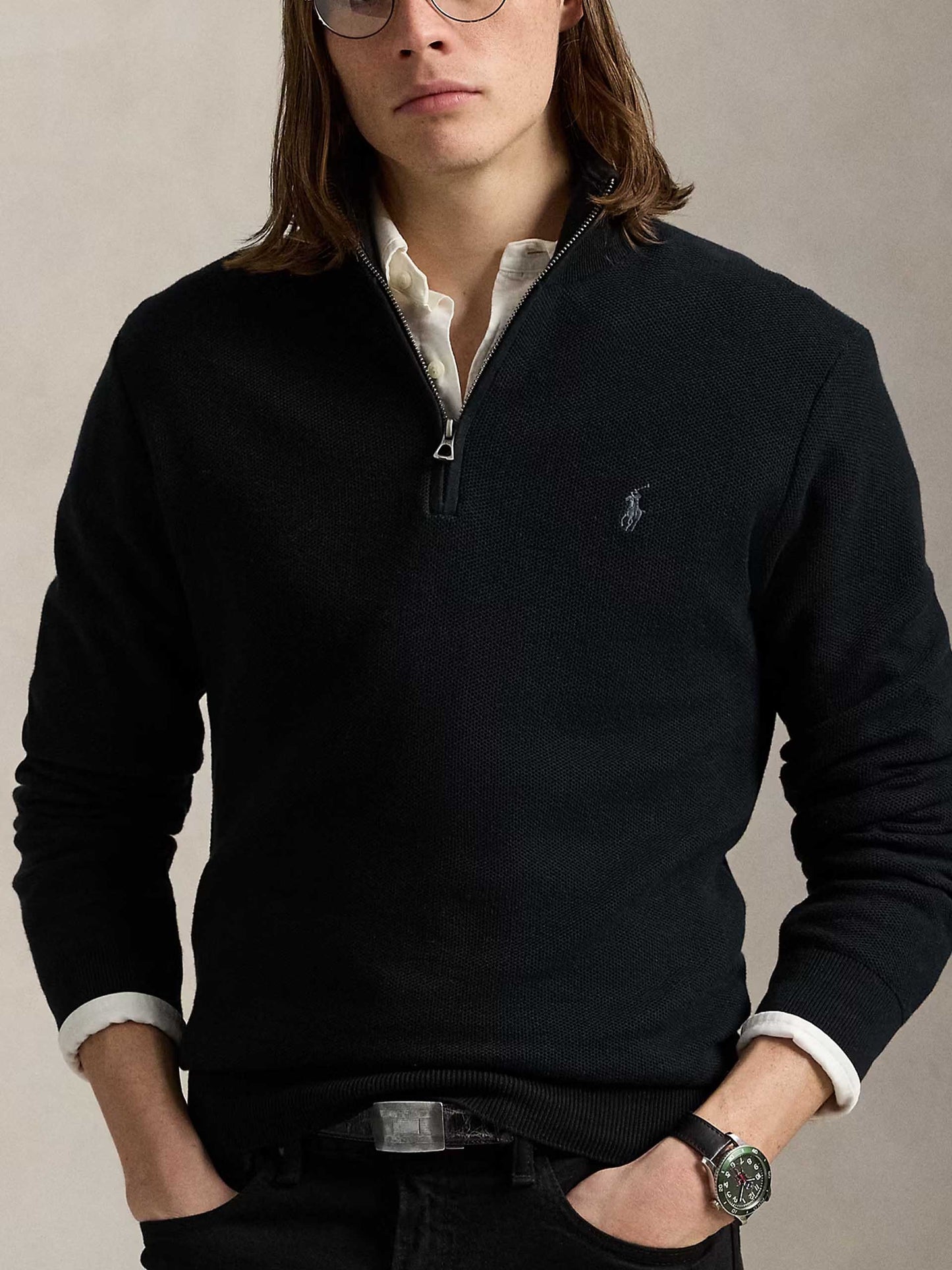 POLO RALPH LAUREN - Quarter-Zip-Pullover aus Baumwollpiqué für Herren Schwarz - Black
