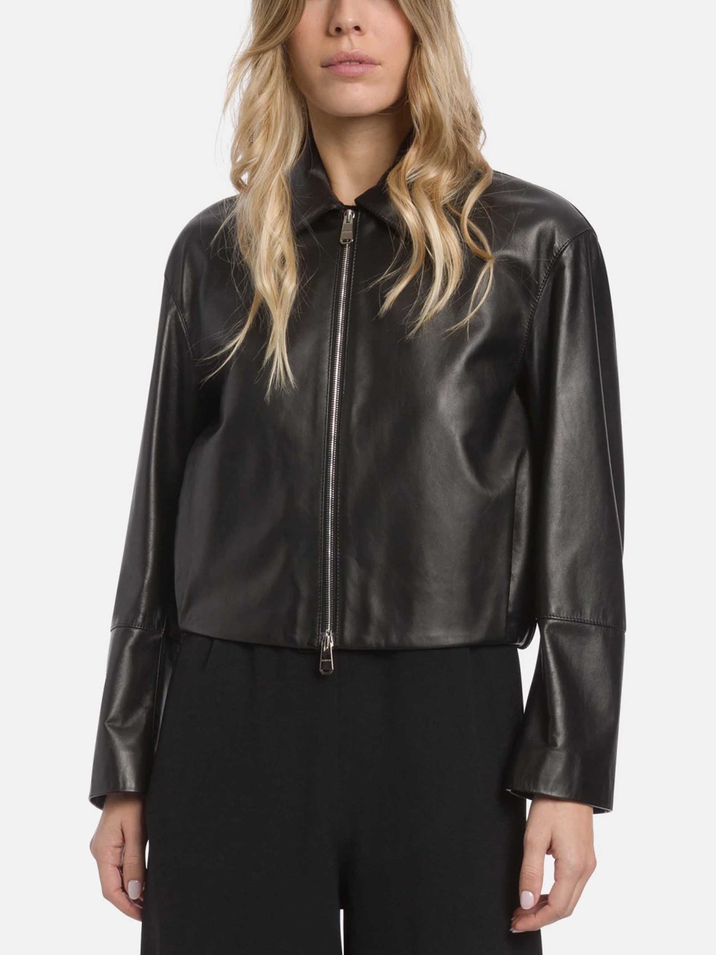 Leather jacket with shirt collar for women
