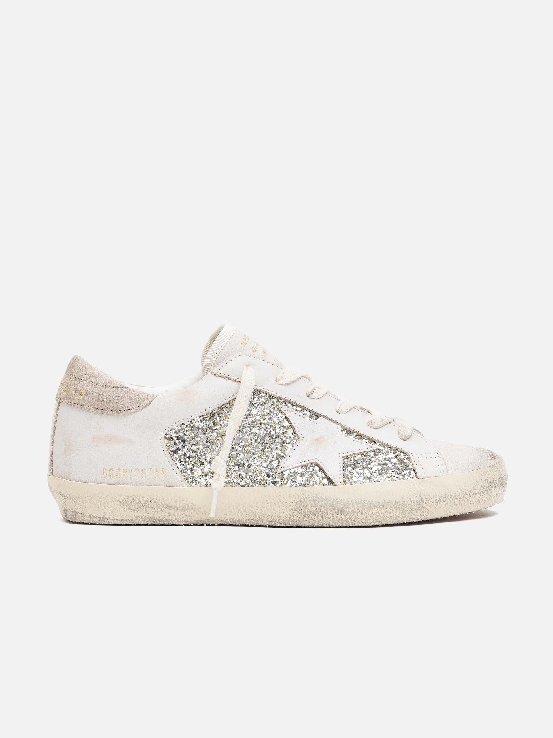GOLDEN GOOSE - Sneakers Super-Star aus Leder mit Glitter für Damen Weiß Beige