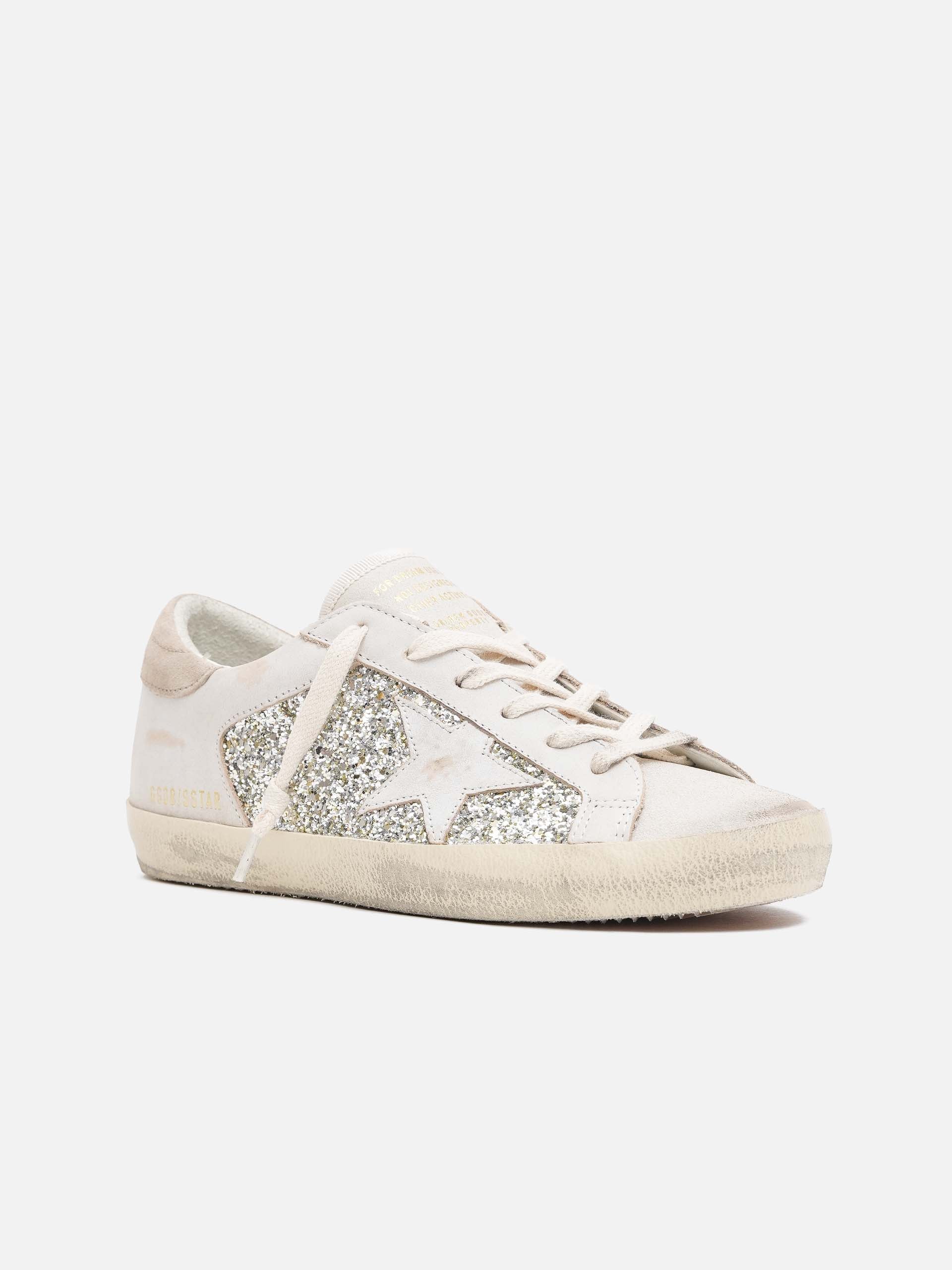 GOLDEN GOOSE - Sneakers Super-Star aus Leder mit Glitter für Damen Weiß Beige