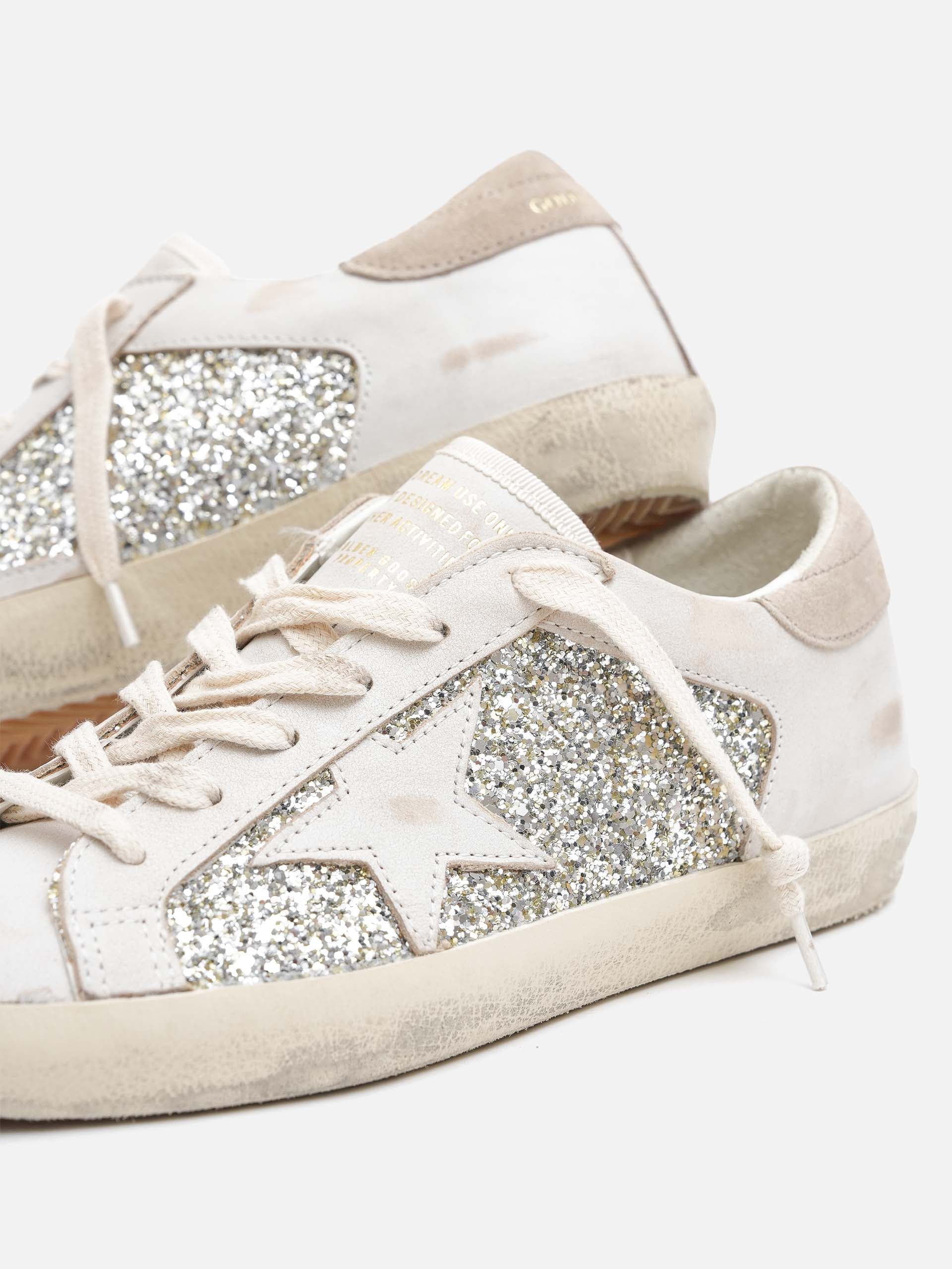 GOLDEN GOOSE - Sneakers Super-Star aus Leder mit Glitter für Damen Weiß Beige