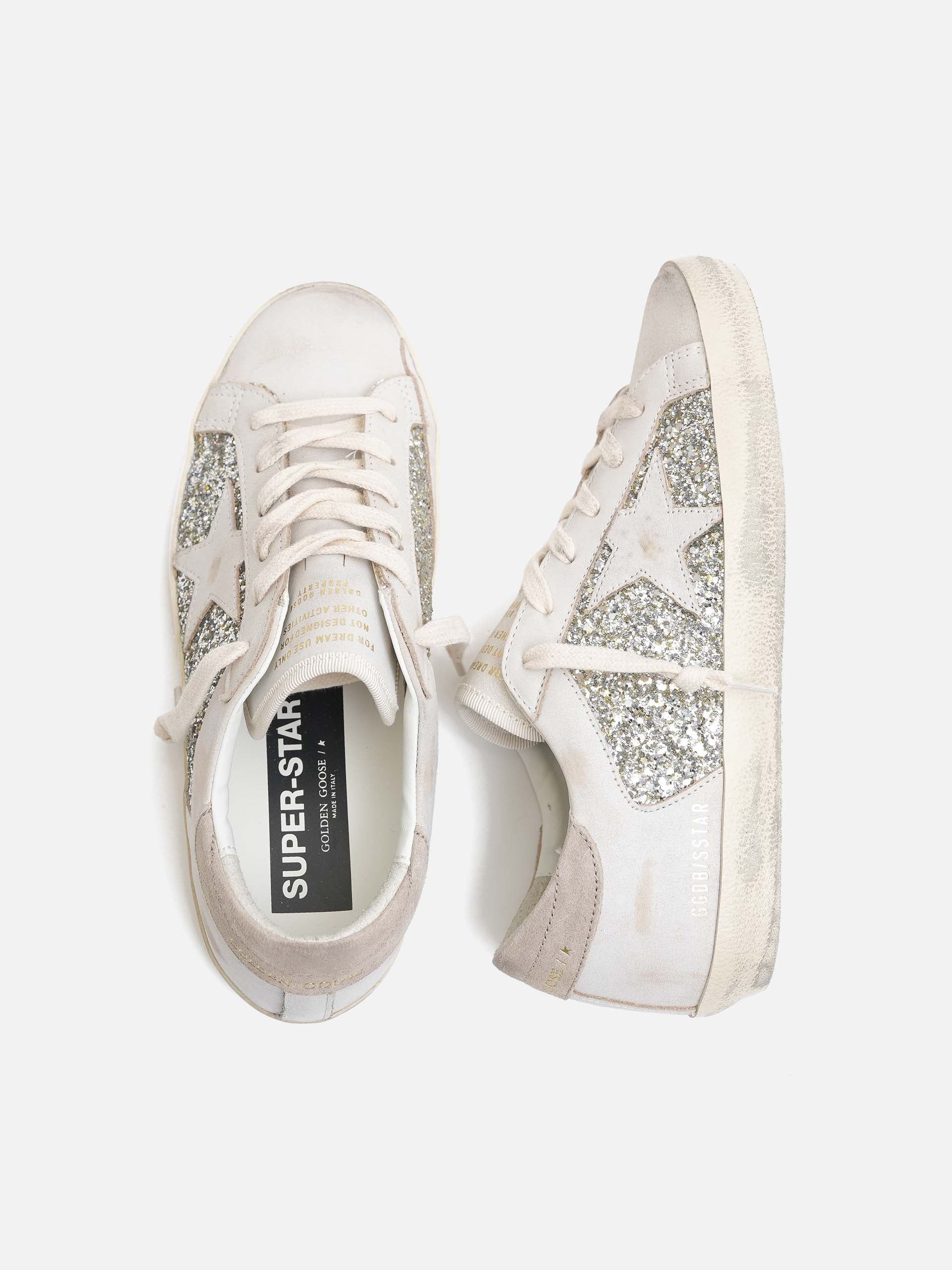 GOLDEN GOOSE - Sneakers Super-Star aus Leder mit Glitter für Damen Weiß Beige
