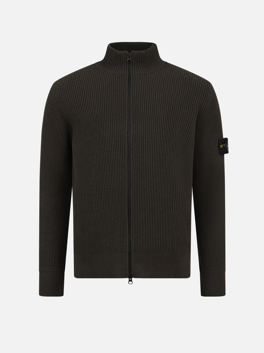 Stone Island – Gerippte Strickjacke mit Logo-Patch für Herren Oliv-Grau - Coal Grey