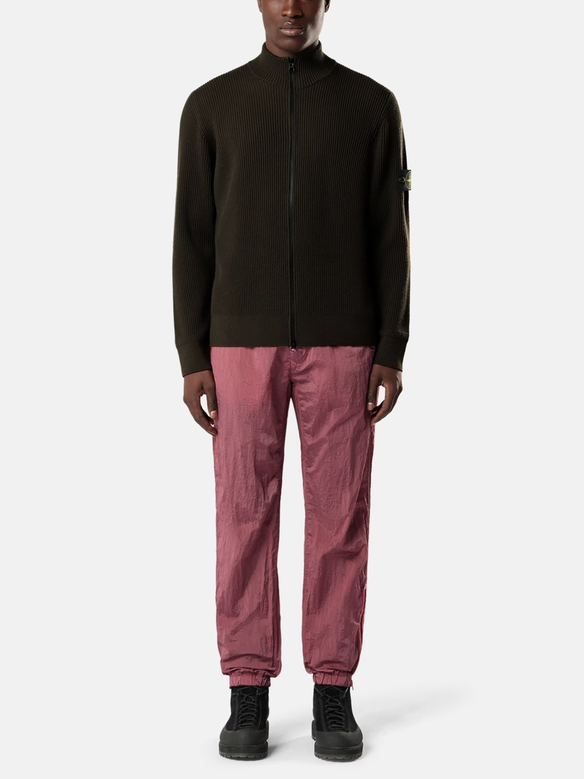 Stone Island – Gerippte Strickjacke mit Logo-Patch für Herren Oliv-Grau - Coal Grey