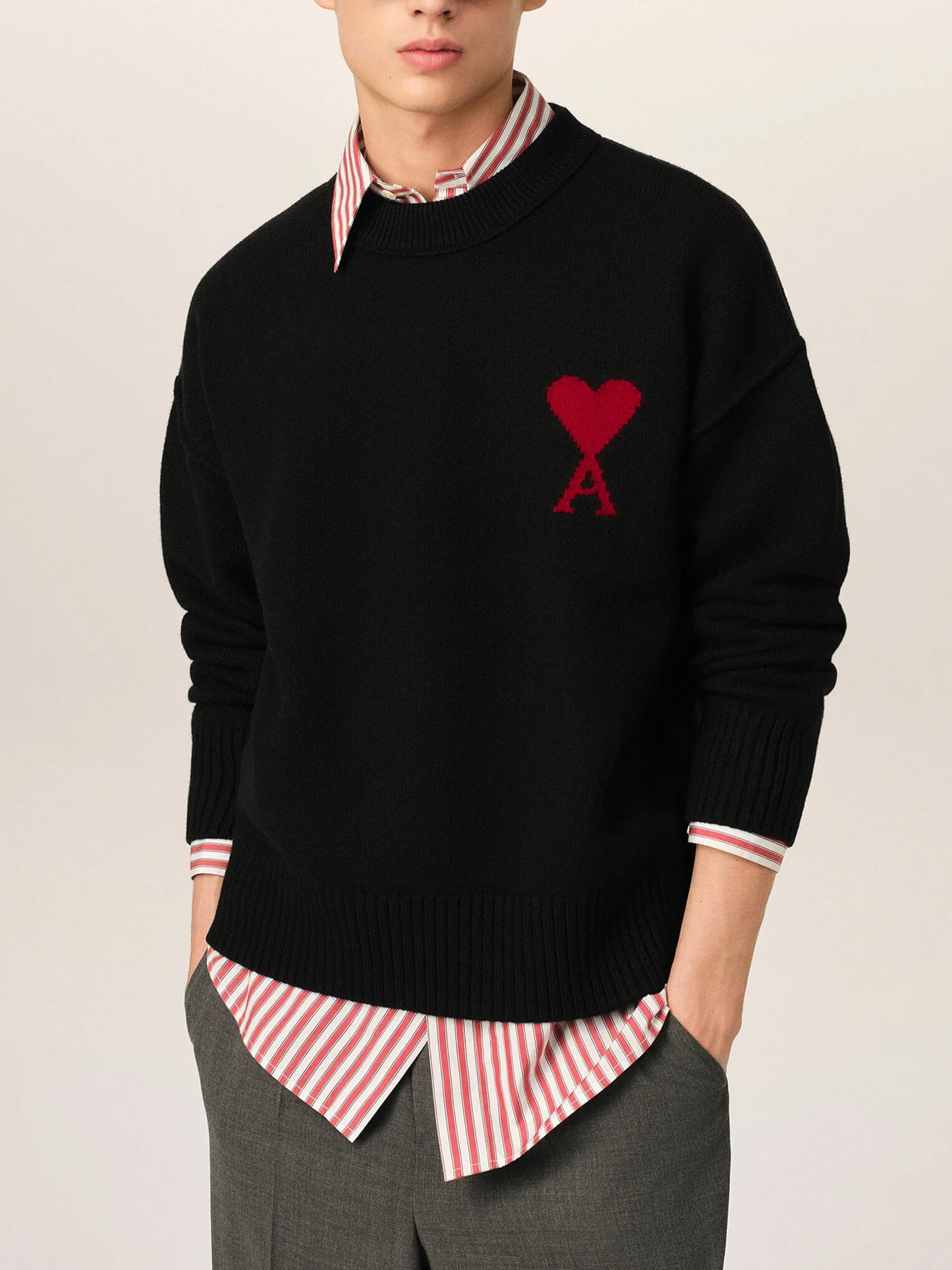 Ami Paris – Rundhalspullover Ami De Coeur aus Merinowolle Schwarz - Black