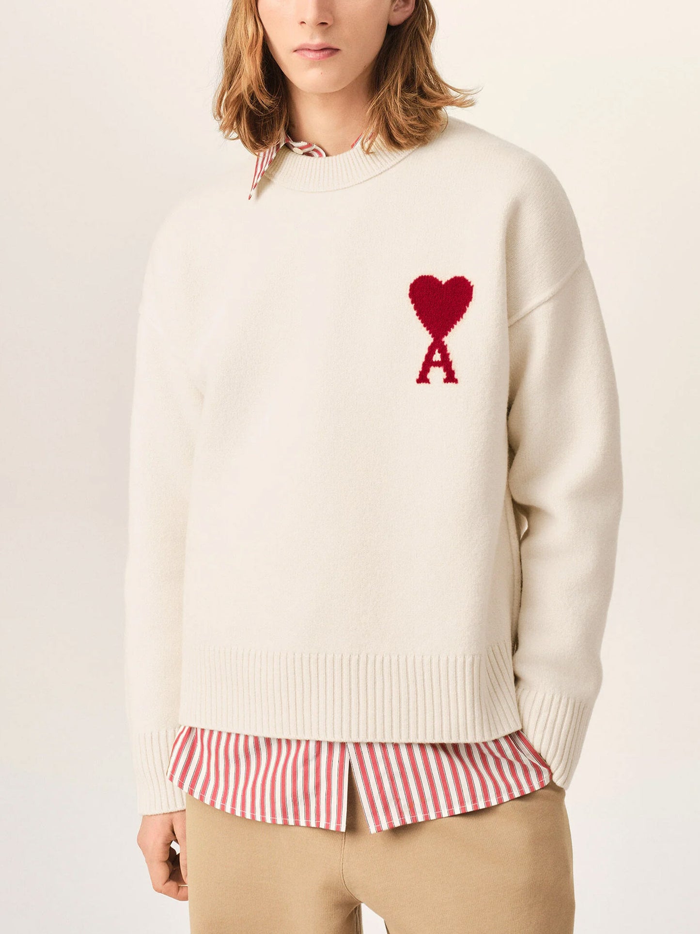 Ami Paris – Rundhalspullover Ami De Coeur aus Merinowolle Cremeweiß - Cream White