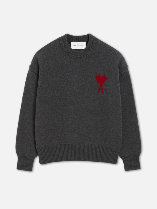 Ami Paris – Rundhalspullover Ami De Coeur aus Merinowolle Dunkelgrau - Dark Grey