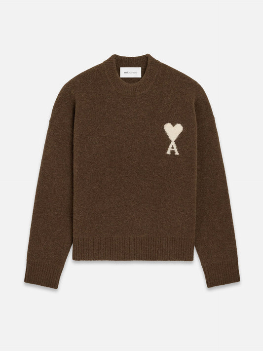 Ami Paris – Rundhalspullover Ami de Coeur aus Alpaka-Mix Braun / Weiß - Brown / White