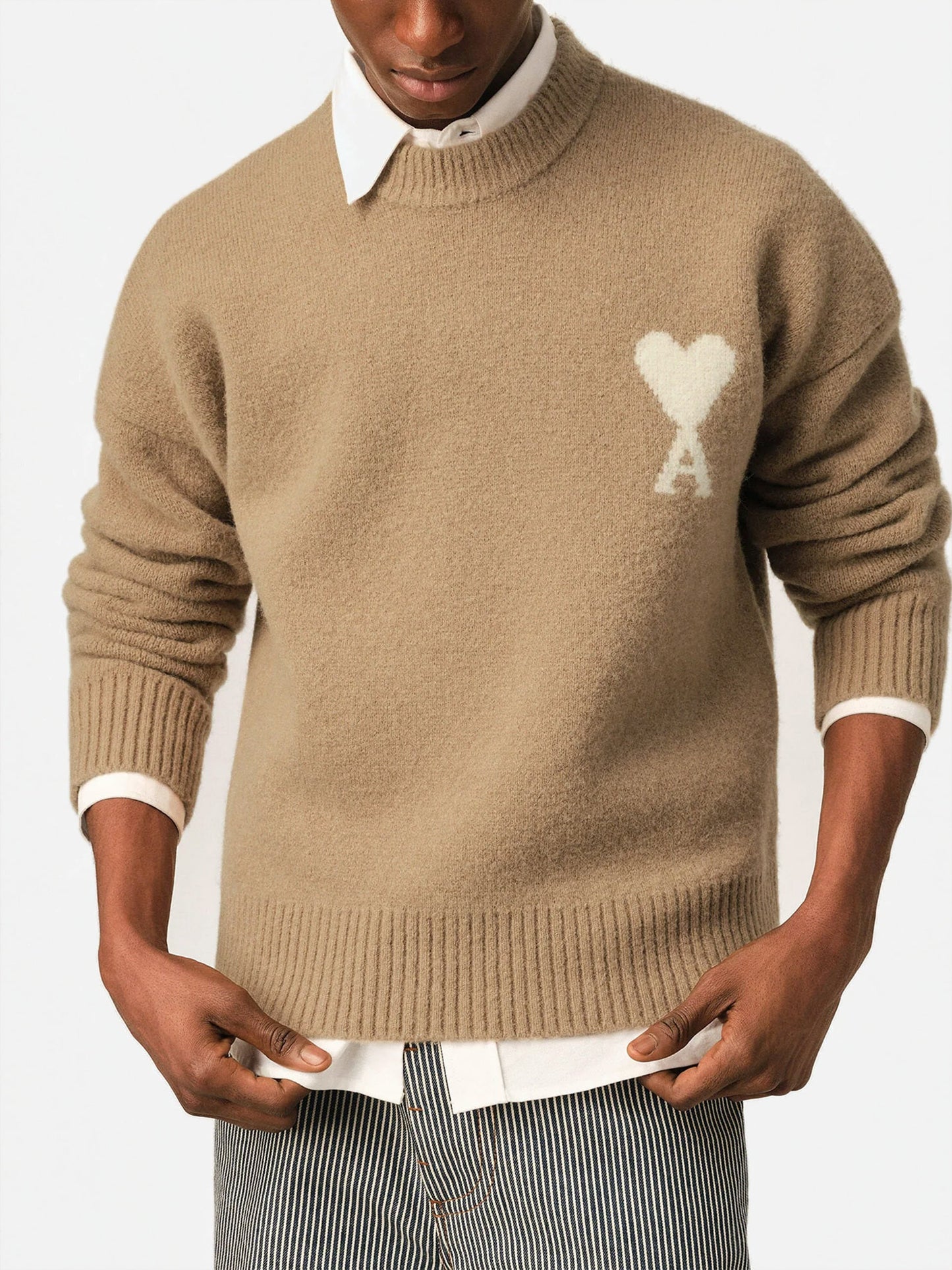 Ami Paris – Rundhalspullover Ami de Coeur aus Alpaka-Mix Beige / Weiß - Beige / White