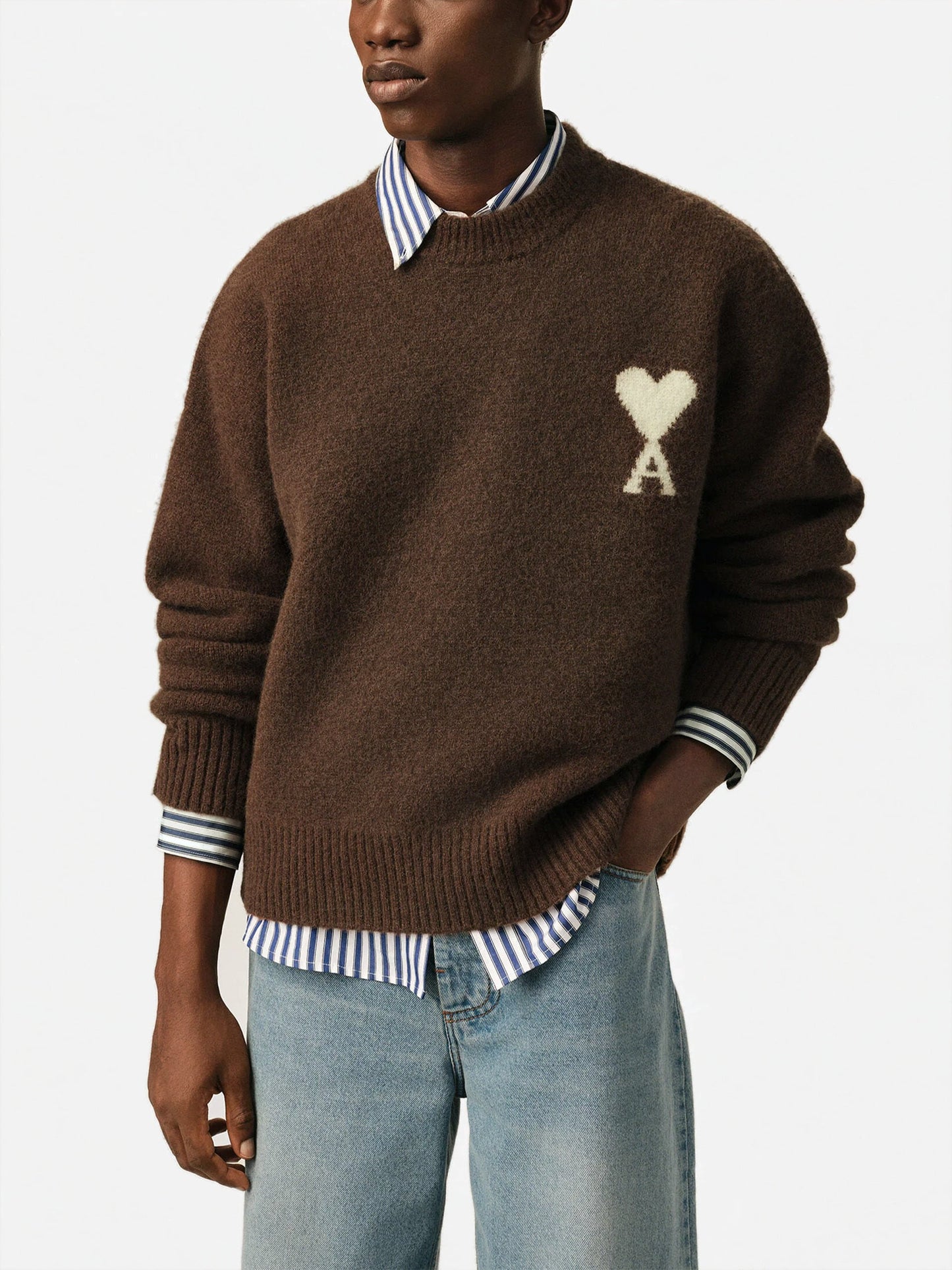 Ami Paris – Rundhalspullover Ami de Coeur aus Alpaka-Mix Braun / Weiß - Brown / White