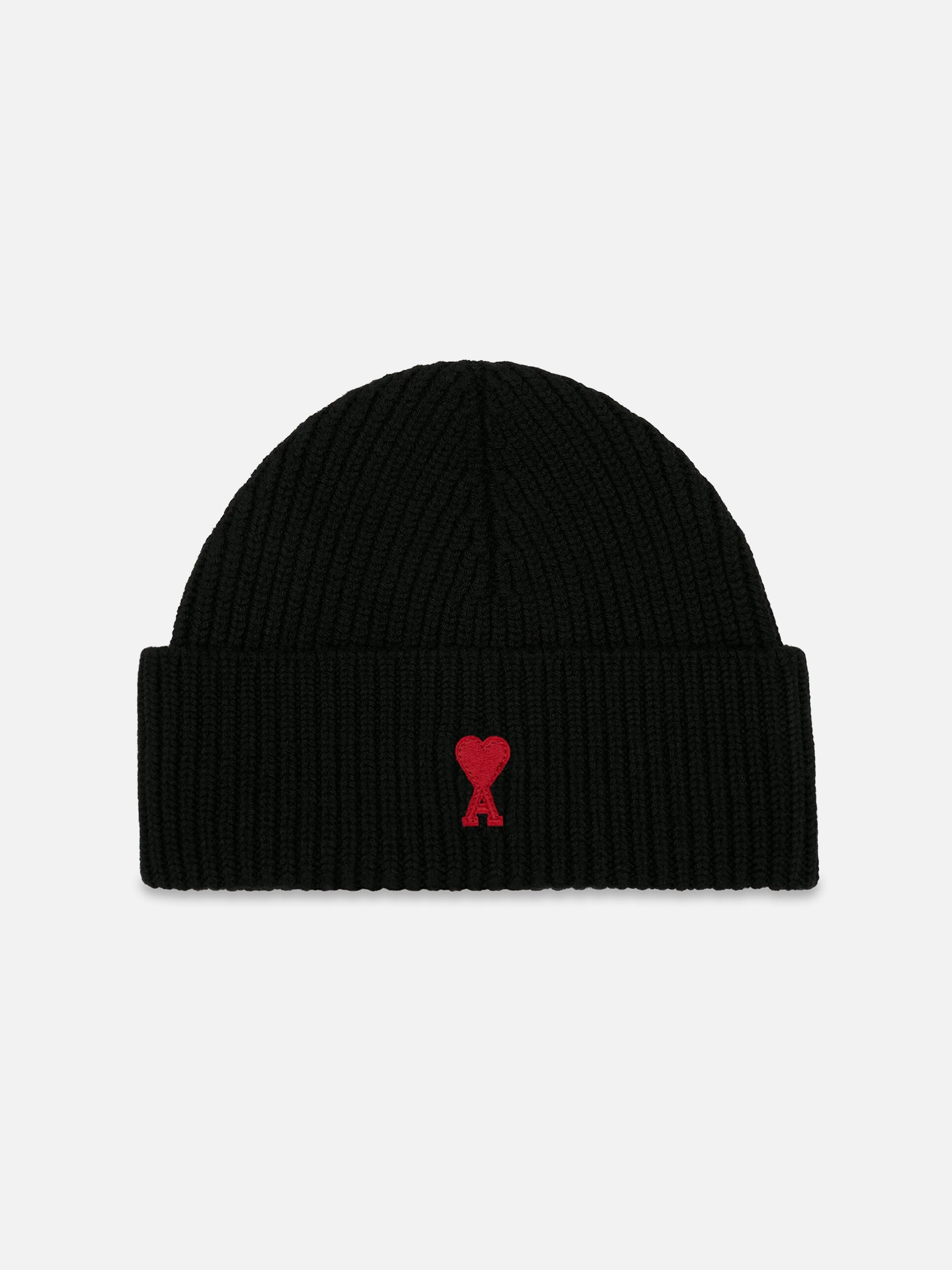 Ami Paris – Beanie mit rotem Ami De Coeur Logo aus Merinowolle Schwarz / Rot - Black / Red
