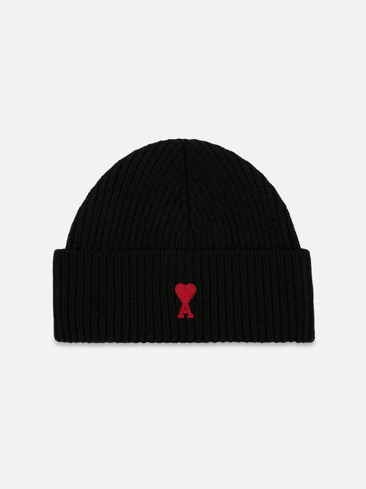 Ami Paris – Beanie mit rotem Ami De Coeur Logo aus Merinowolle Schwarz / Rot - Black / Red
