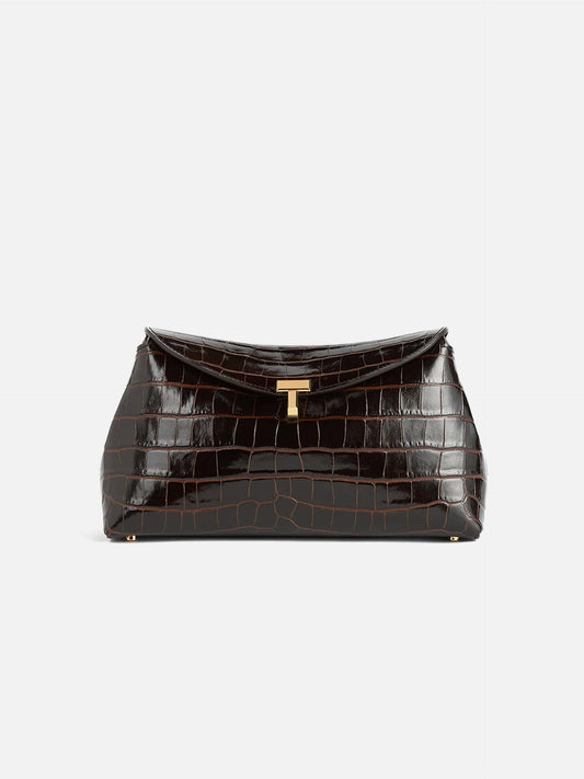 Toteme Clutch T-Lock aus Leder mit Kroko-Prägung Dunkelbraun
