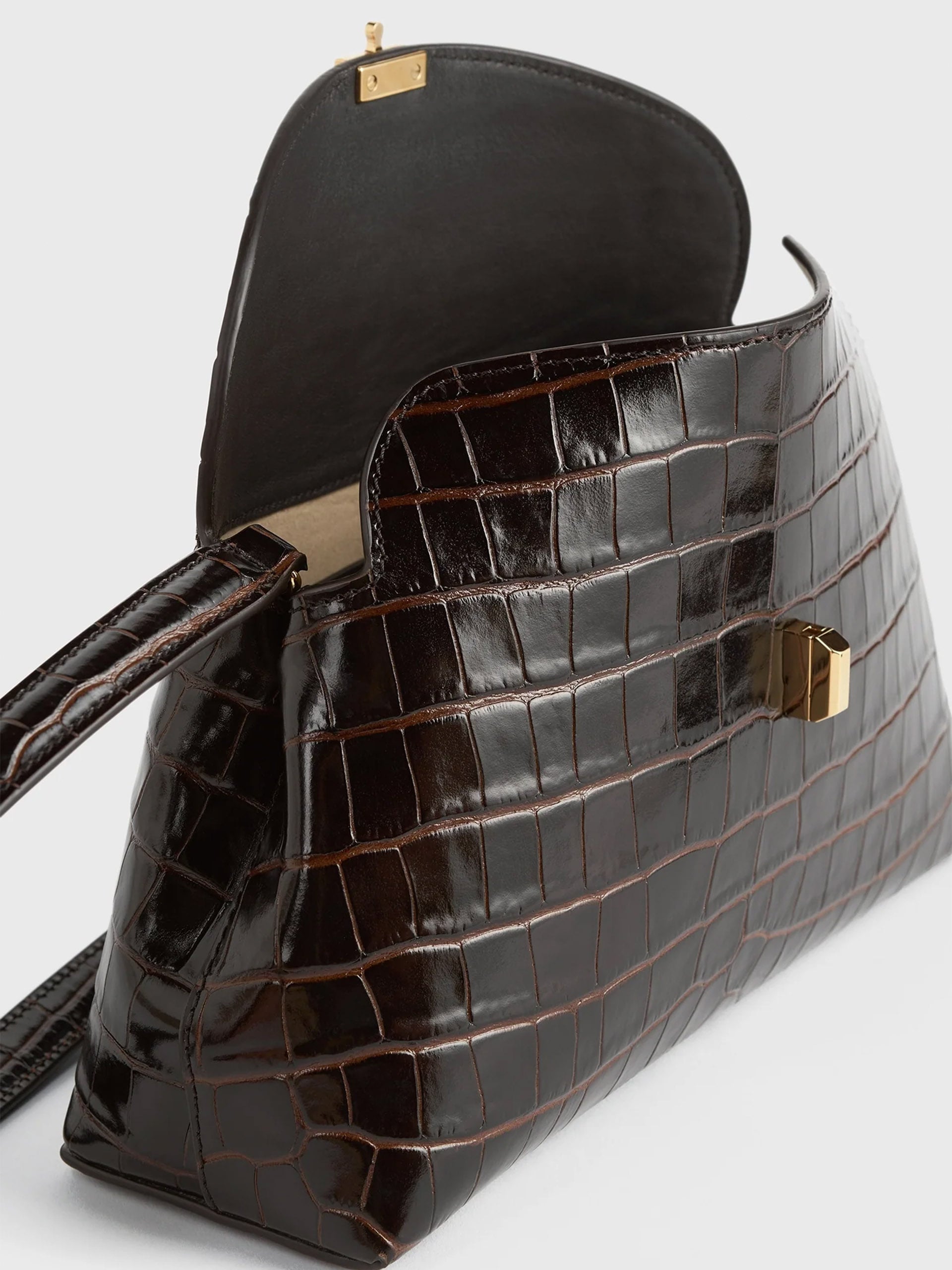 Toteme Clutch T-Lock aus Leder mit Kroko-Prägung Dunkelbraun
