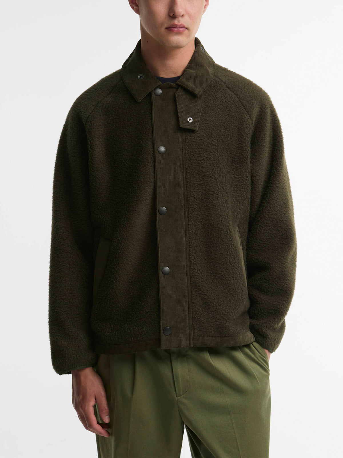 Barbour Fleecejacke Transport mit Cordkragen Olivgrün