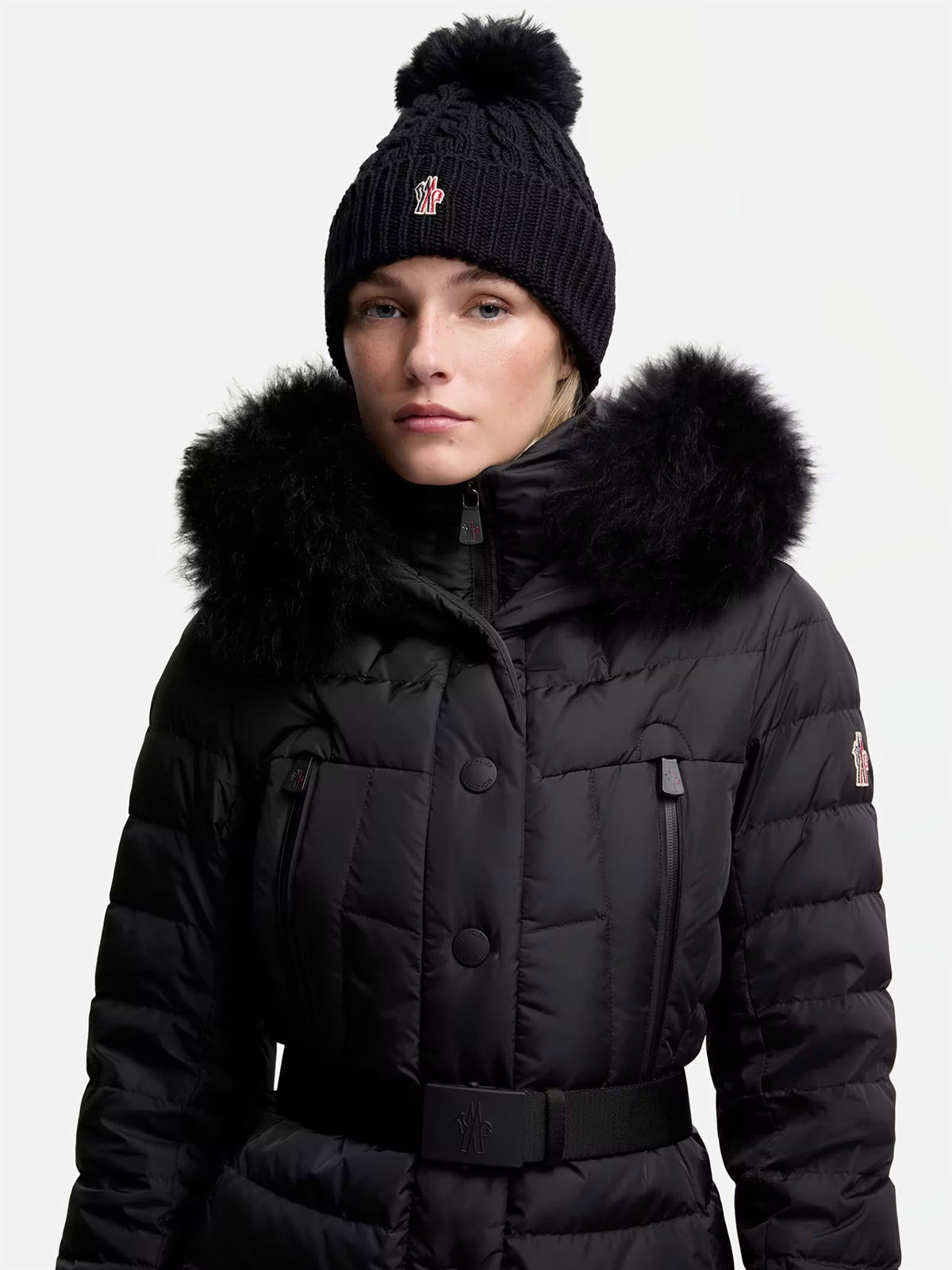 Moncler grenoble Mütze mit Shearling-Bommel für Damen Schwarz