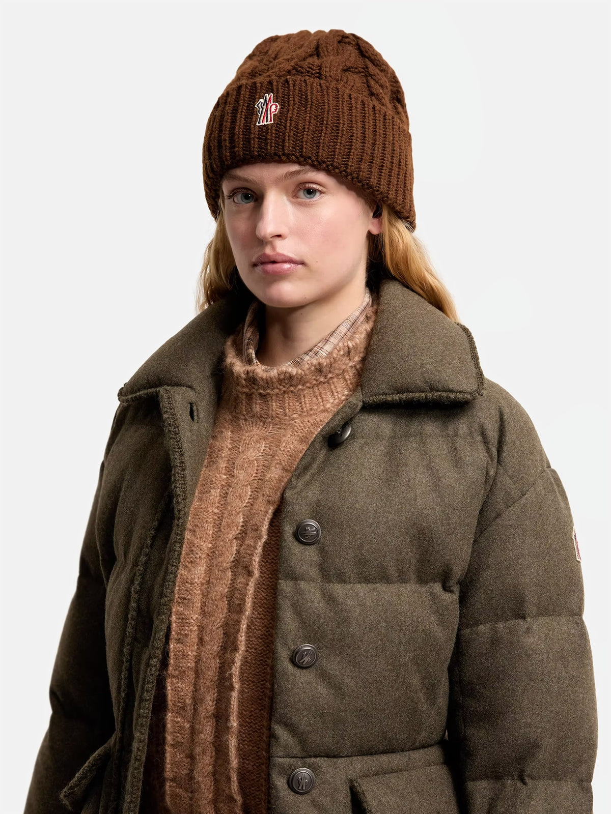 Moncler grenoble Mütze aus Wollmischung im Zopfmuster Braun