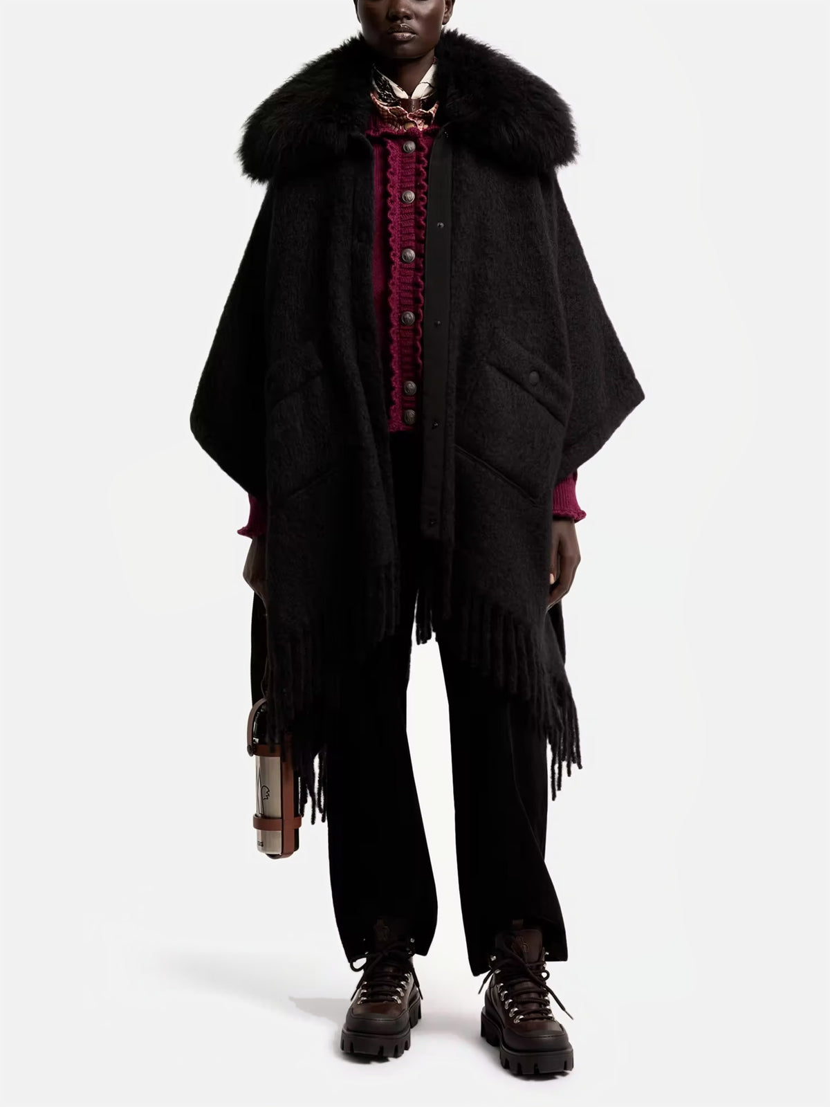 Moncler grenoble Cape mit Shearling-Kragen für Damen Schwarz