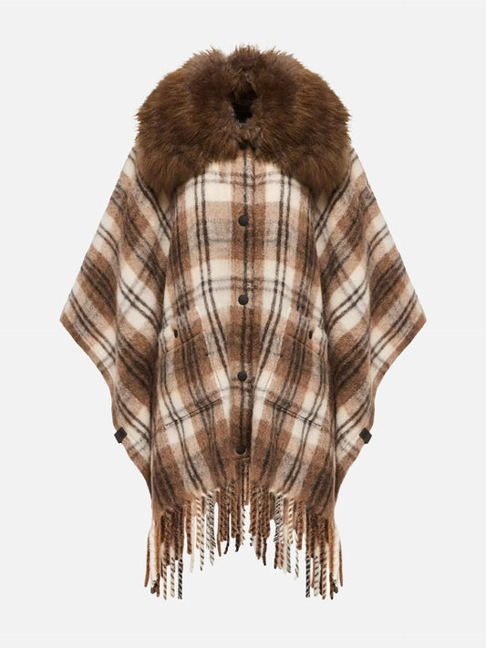 Moncler grenoble Kariertes Cape mit Shearling-Kragen für Damen Braun-Weiß