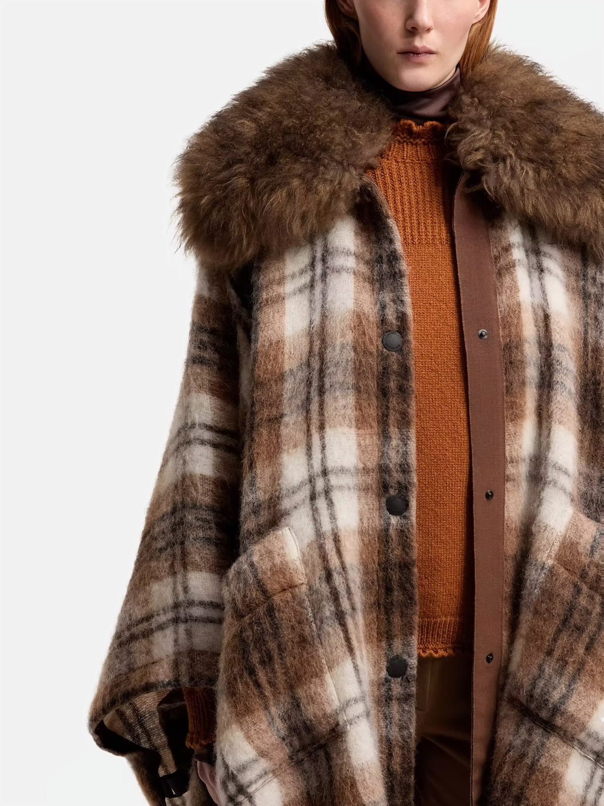 Moncler grenoble Kariertes Cape mit Shearling-Kragen für Damen Braun-Weiß
