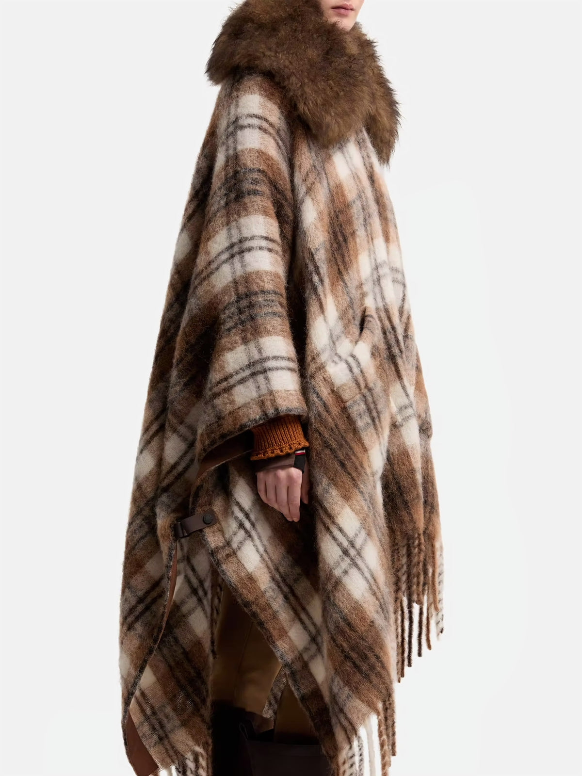 Moncler grenoble Kariertes Cape mit Shearling-Kragen für Damen Braun-Weiß