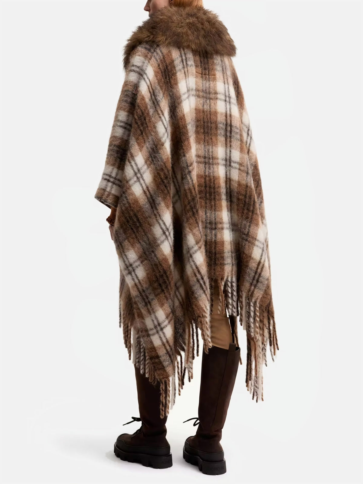 Moncler grenoble Kariertes Cape mit Shearling-Kragen für Damen Braun-Weiß