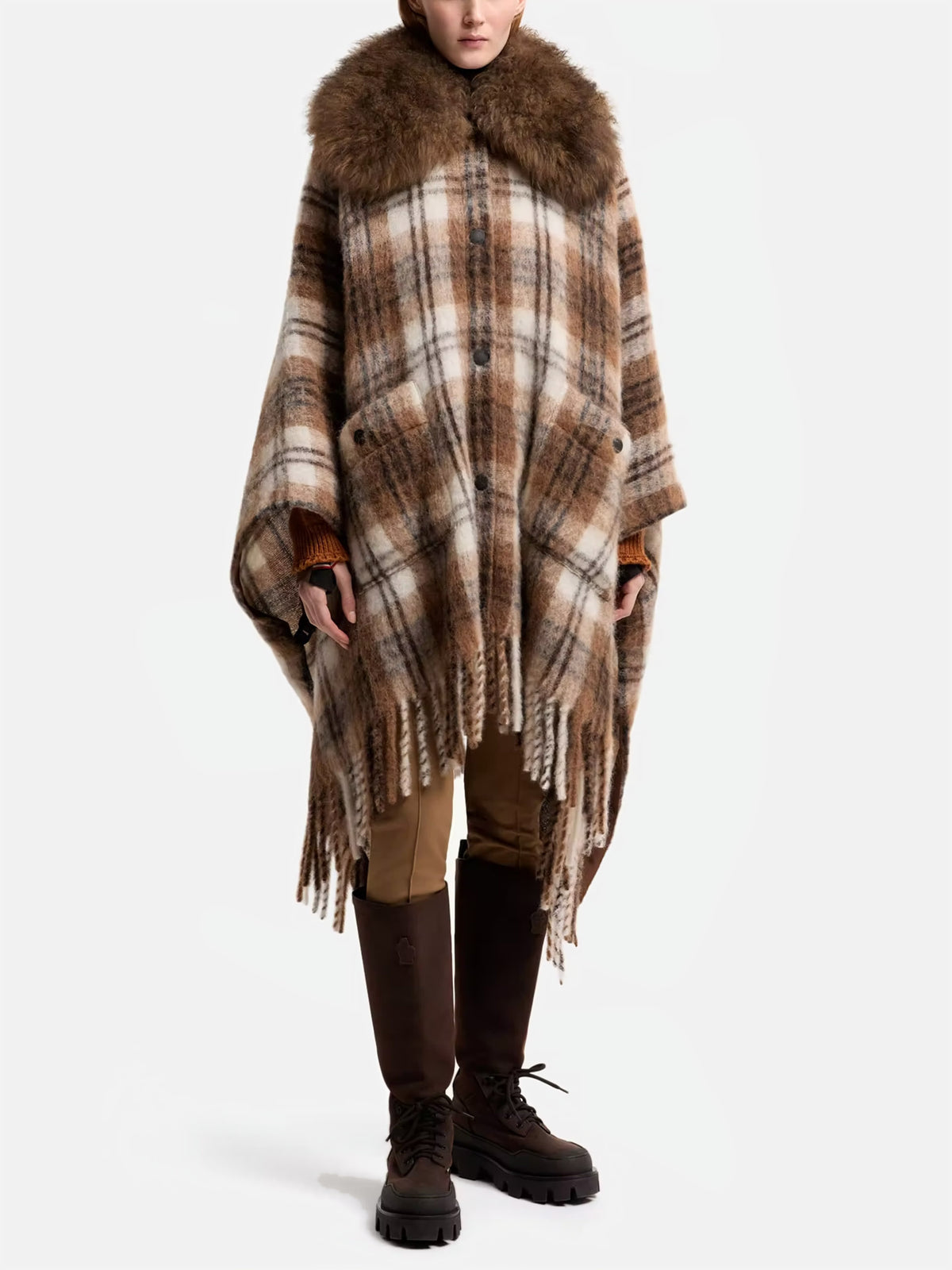 Moncler grenoble Kariertes Cape mit Shearling-Kragen für Damen Braun-Weiß