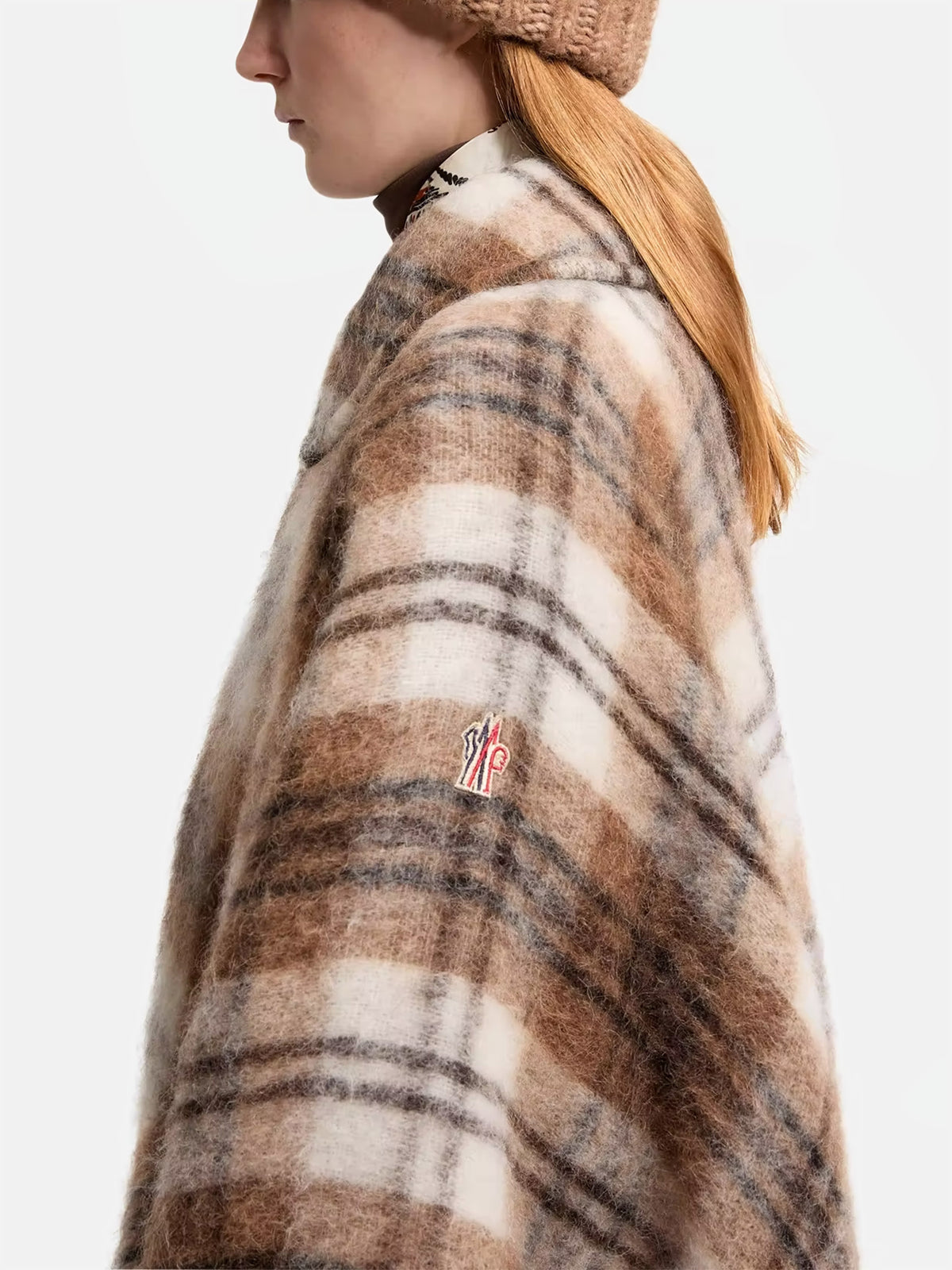 Moncler grenoble Kariertes Cape mit Shearling-Kragen für Damen Braun-Weiß