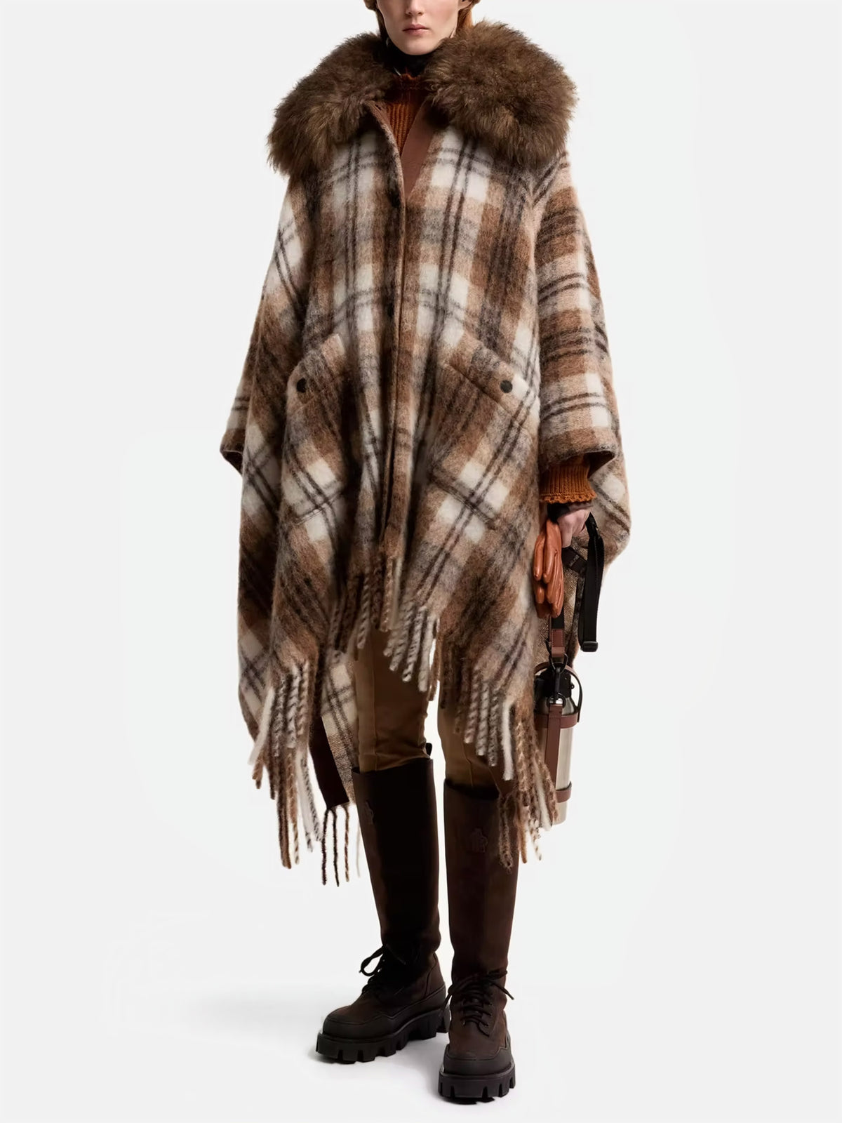 Moncler grenoble Kariertes Cape mit Shearling-Kragen für Damen Braun-Weiß