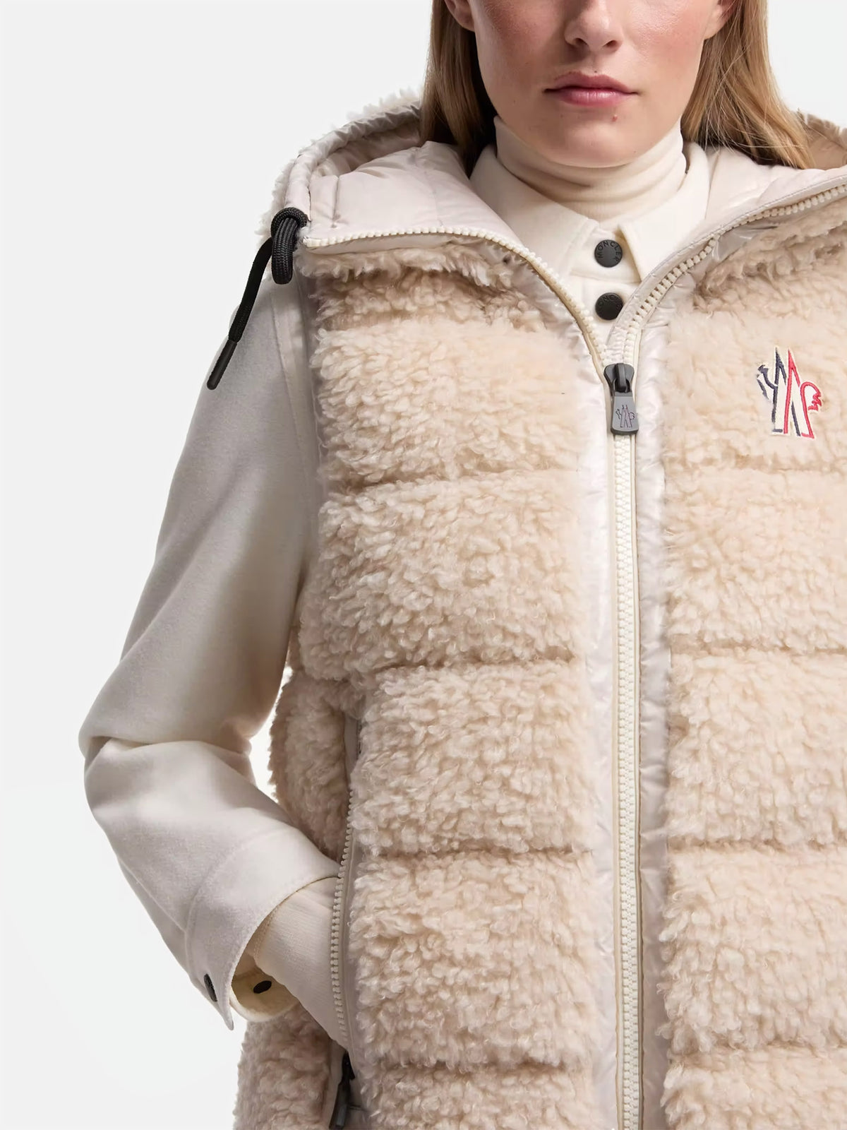 Moncler Grenoble – Teddy-Daunenweste mit Kapuze für Damen Hellbeige - Light Beige