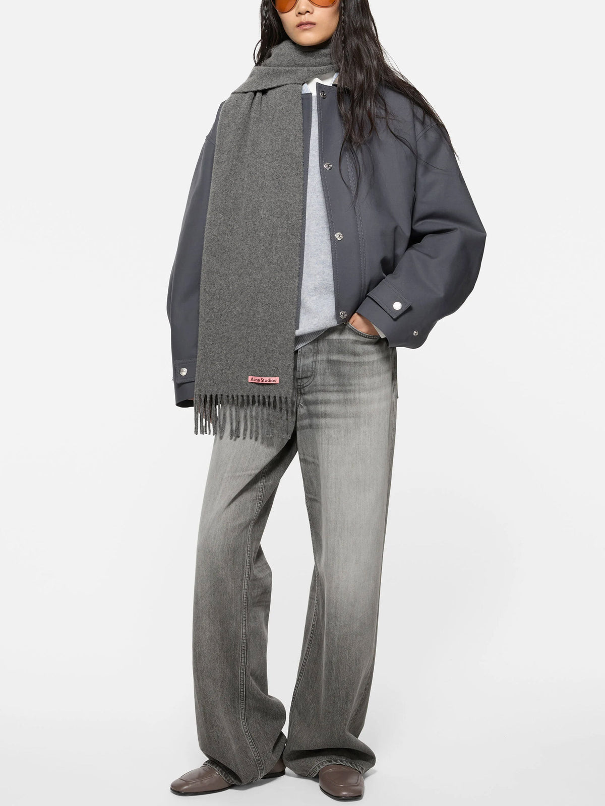 Acne Studios – Schmaler Schal aus Wolle mit Fransen Grau Melange - Grey Melange