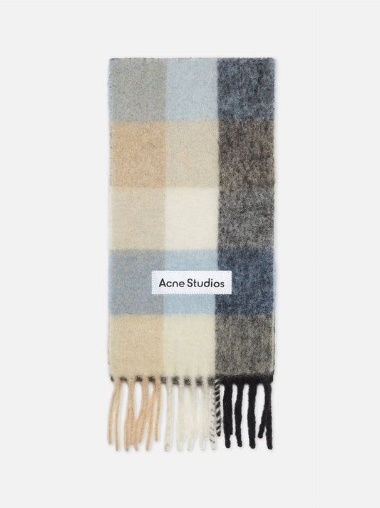 Acne Studios – Karierter Mohair-Schal mit Logo Beige/Blau/Schwarz - Beige/Blue/Black