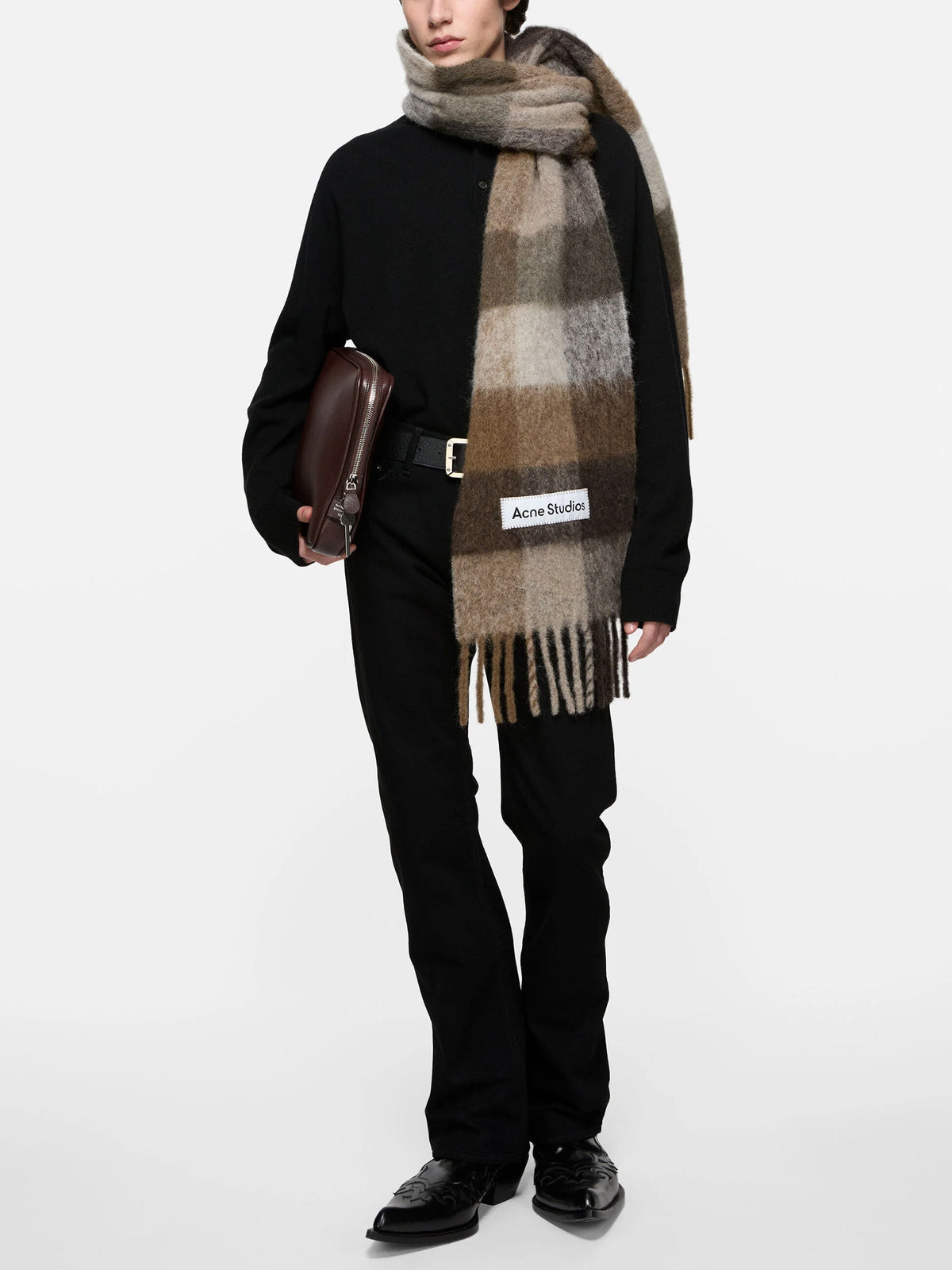 Acne Studios – Karierter Mohair-Schal mit Logo Braun/Weiß - Brown/White